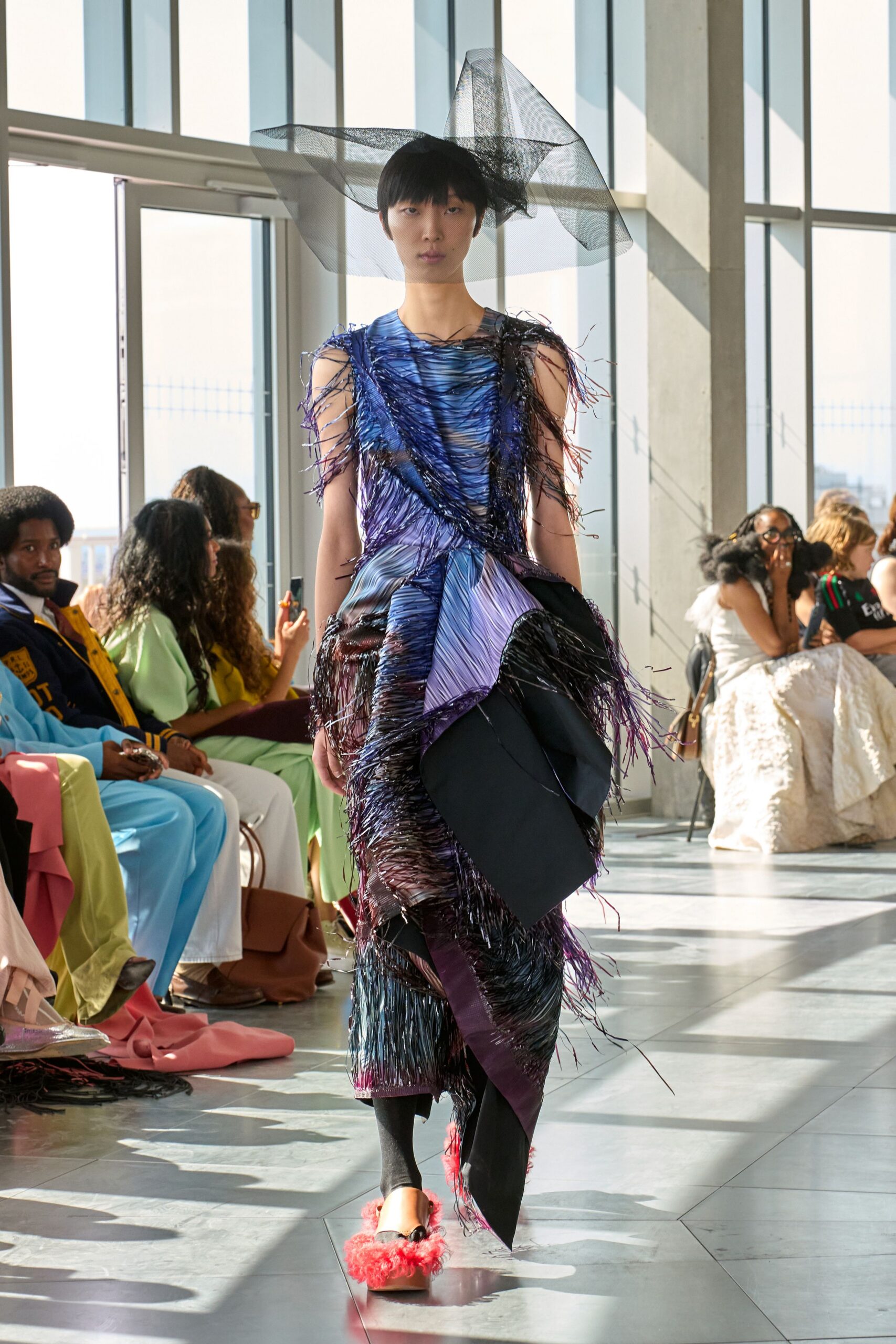 purple fringed midi dress with hat