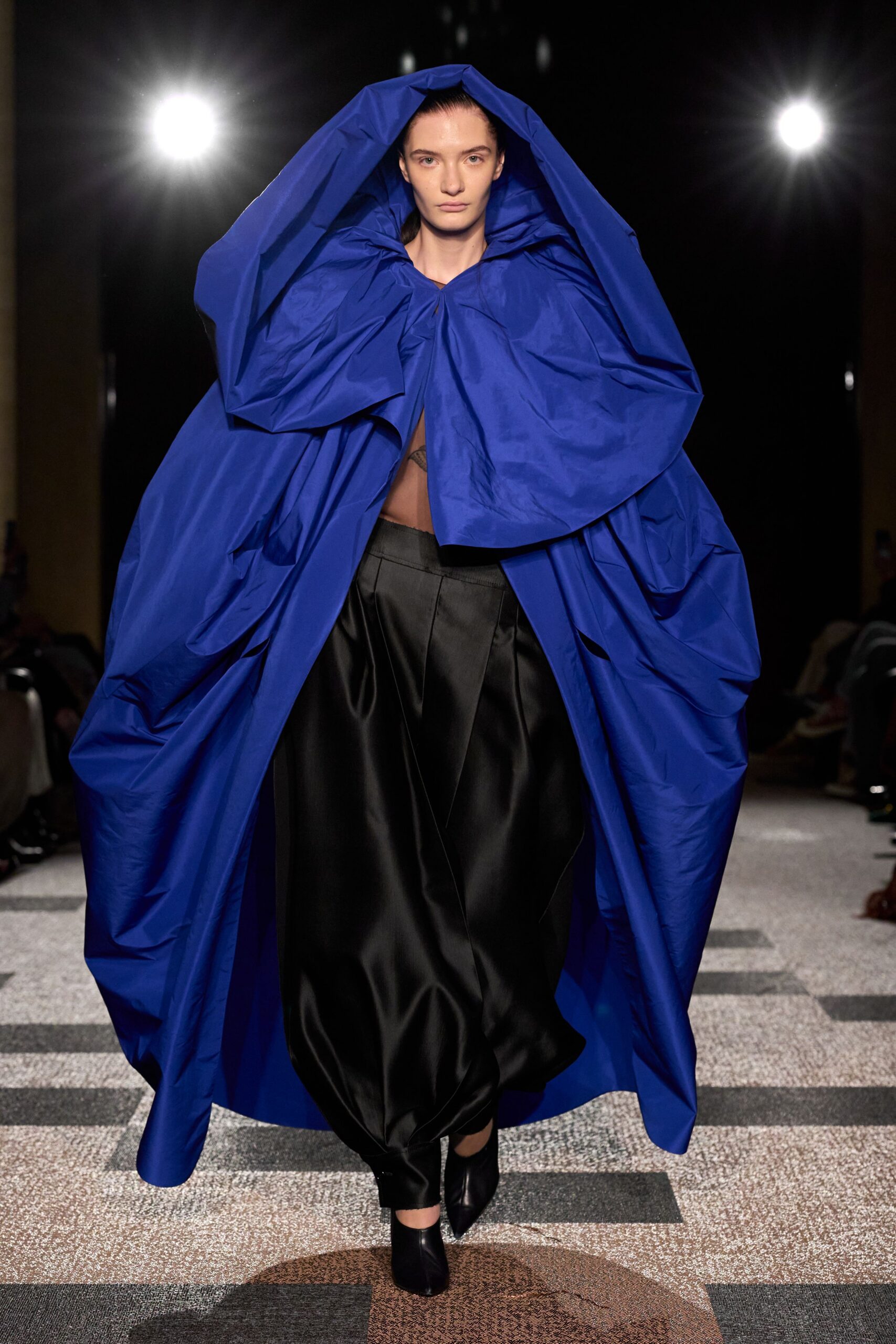 blue cotton long-sleeve oversized draped cape
