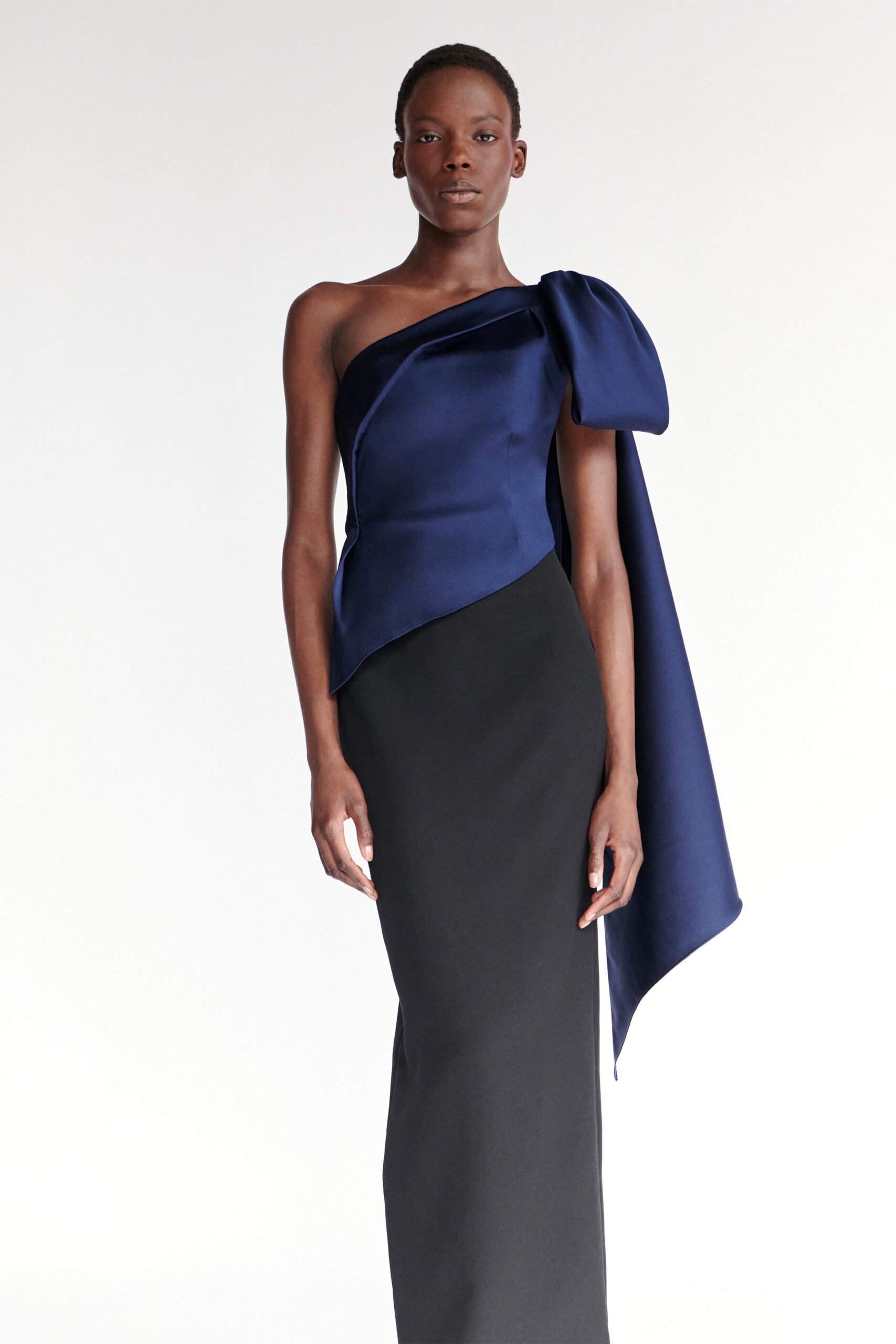 black and blue off-shoulder gown