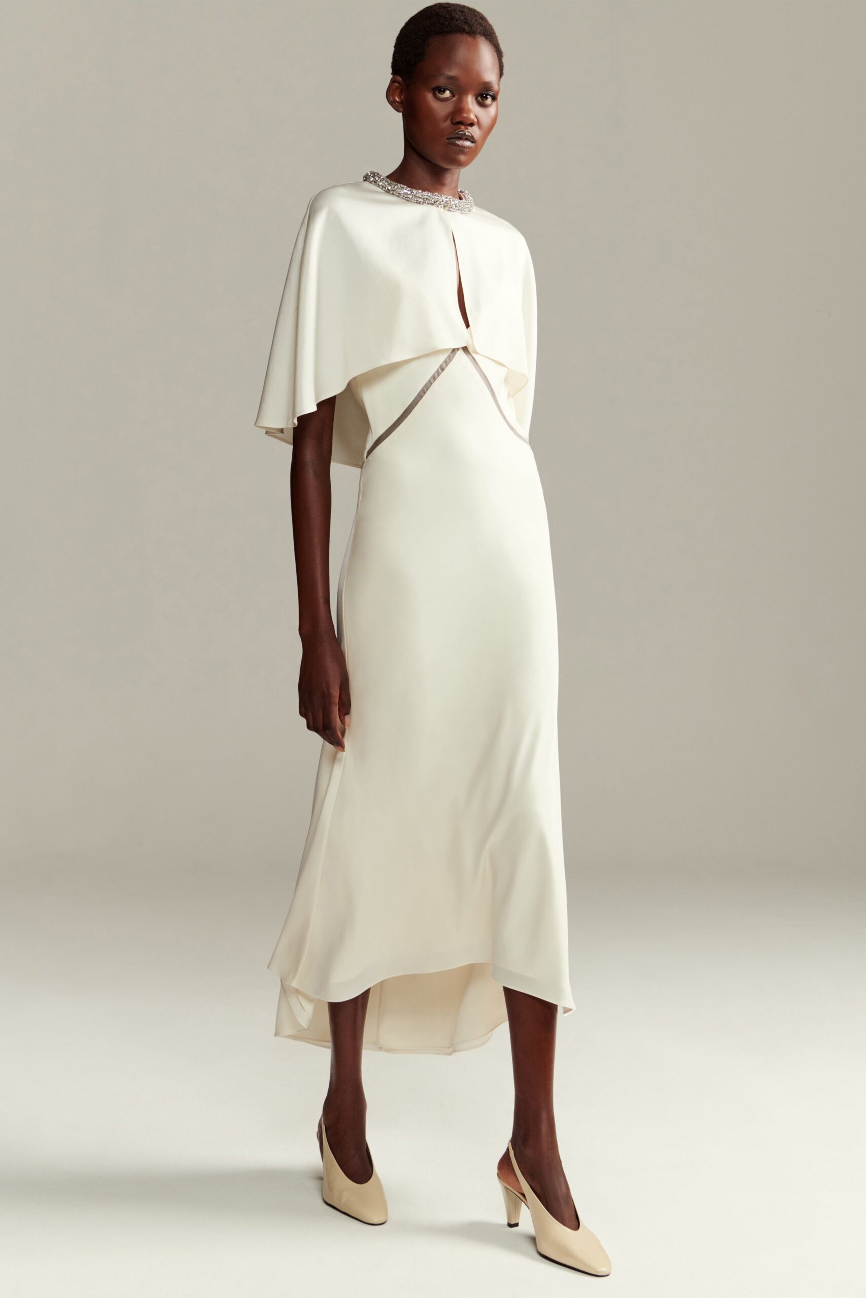 white silk sleeveless high-neck fitted draped midi dress