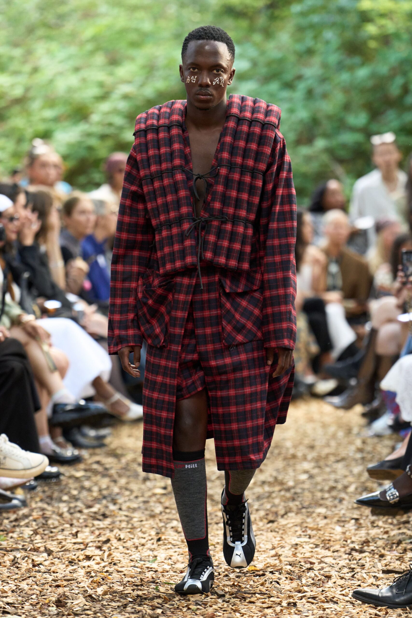 red and black checked coat with shorts