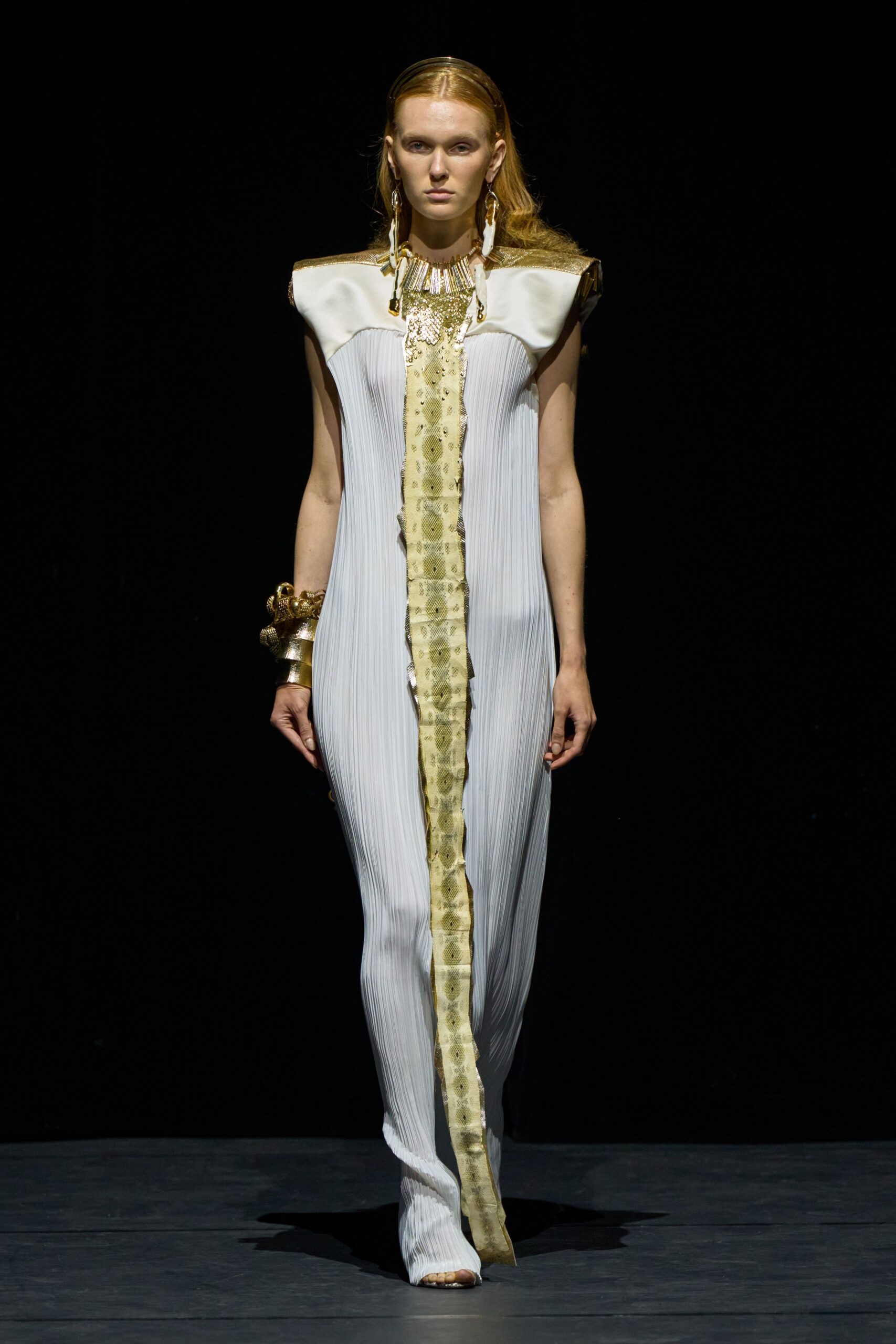 white silk sleeveless high-neck fitted pleated zippered gown