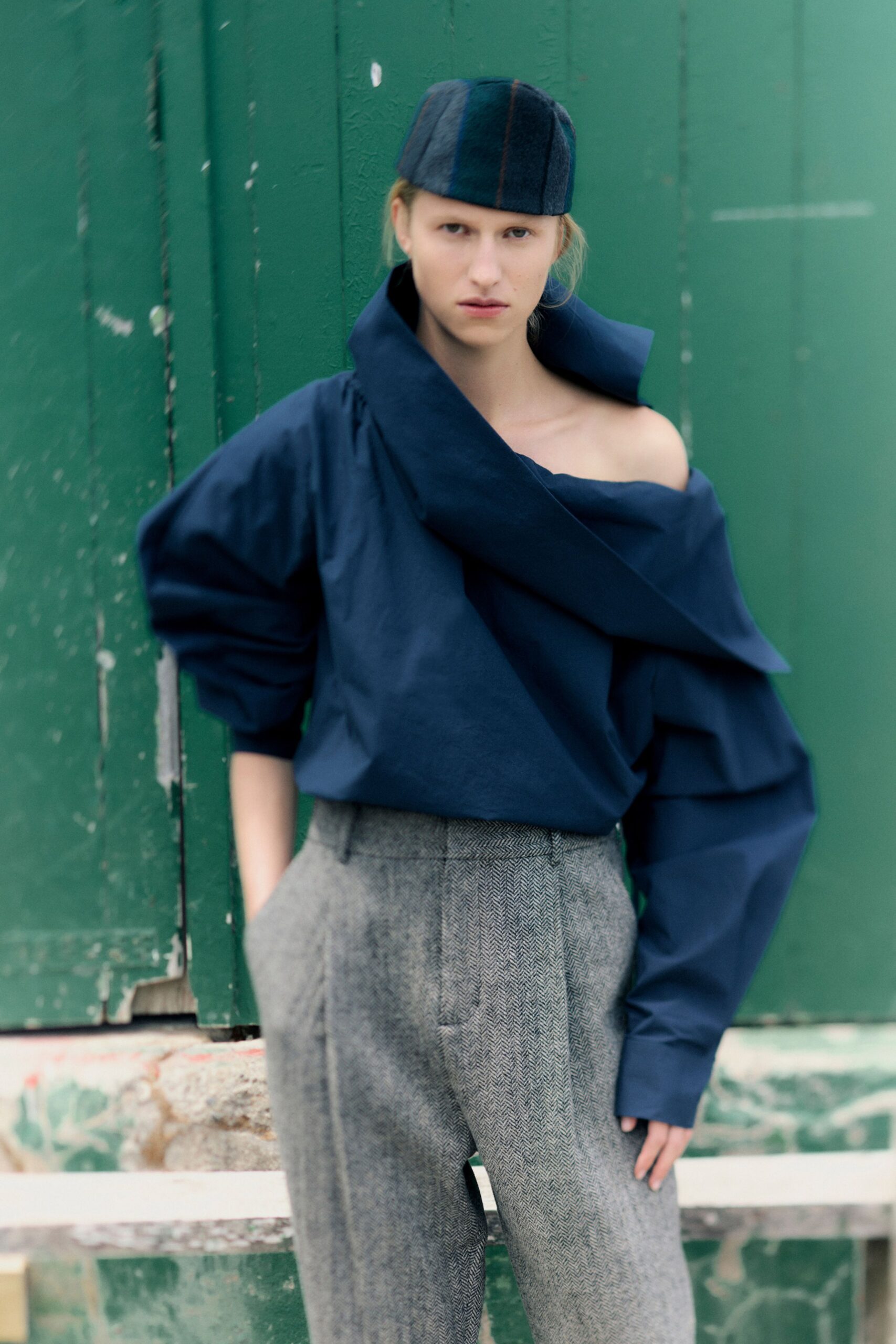 blue cotton off-shoulder long-sleeve relaxed draped top