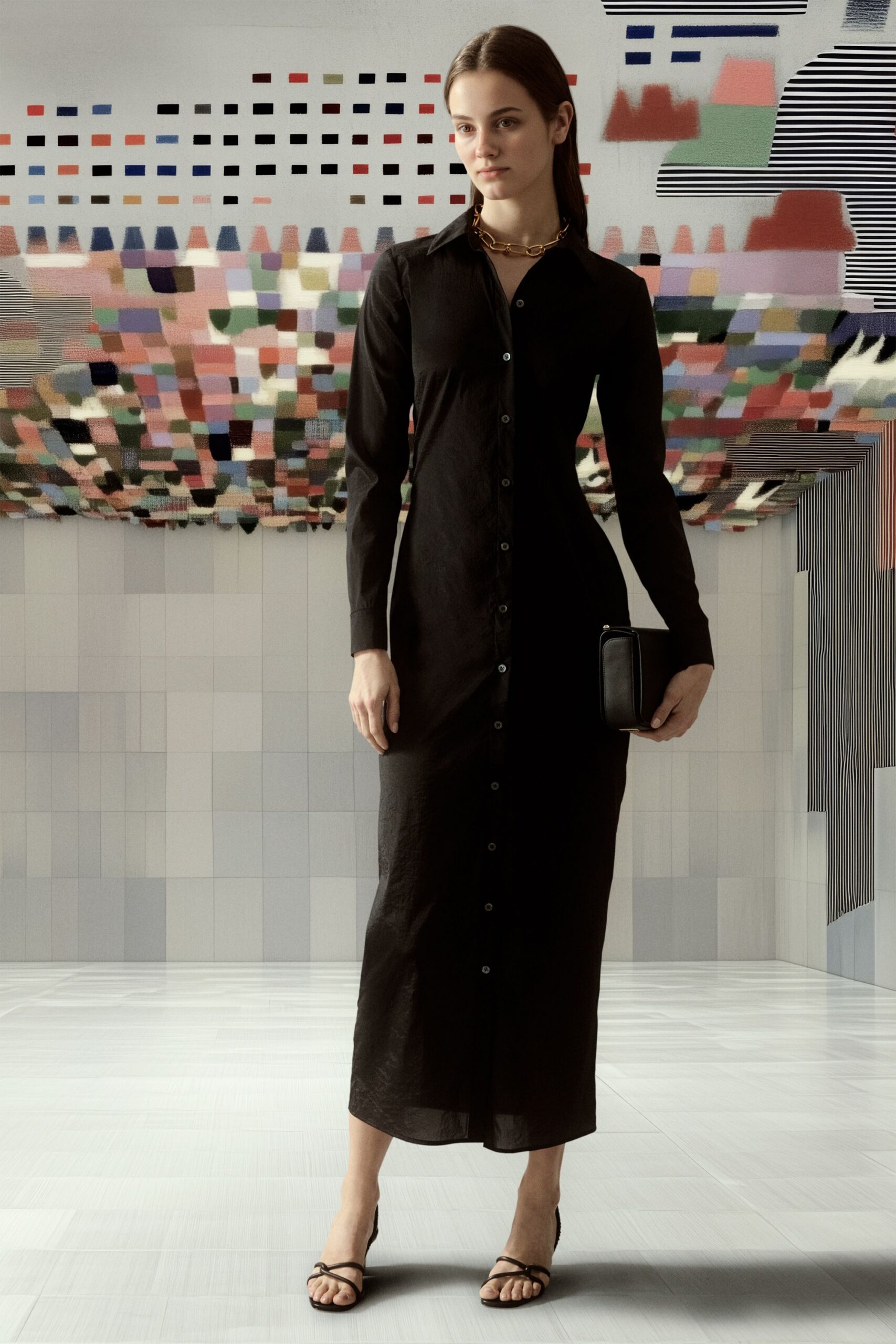 black cotton shirt-dress with clutch