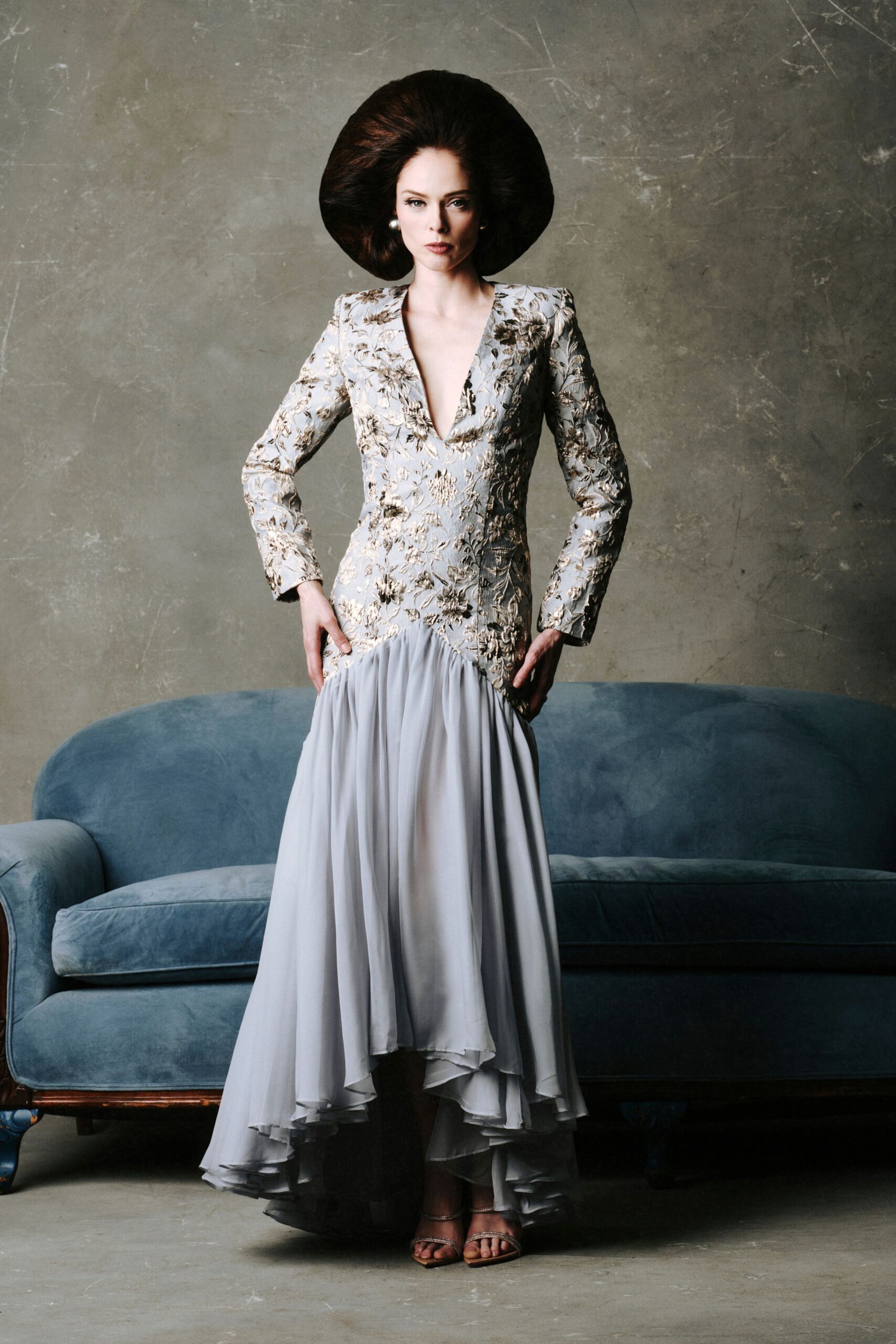 gold silk long-sleeve v-neck fitted embroidered layered gown