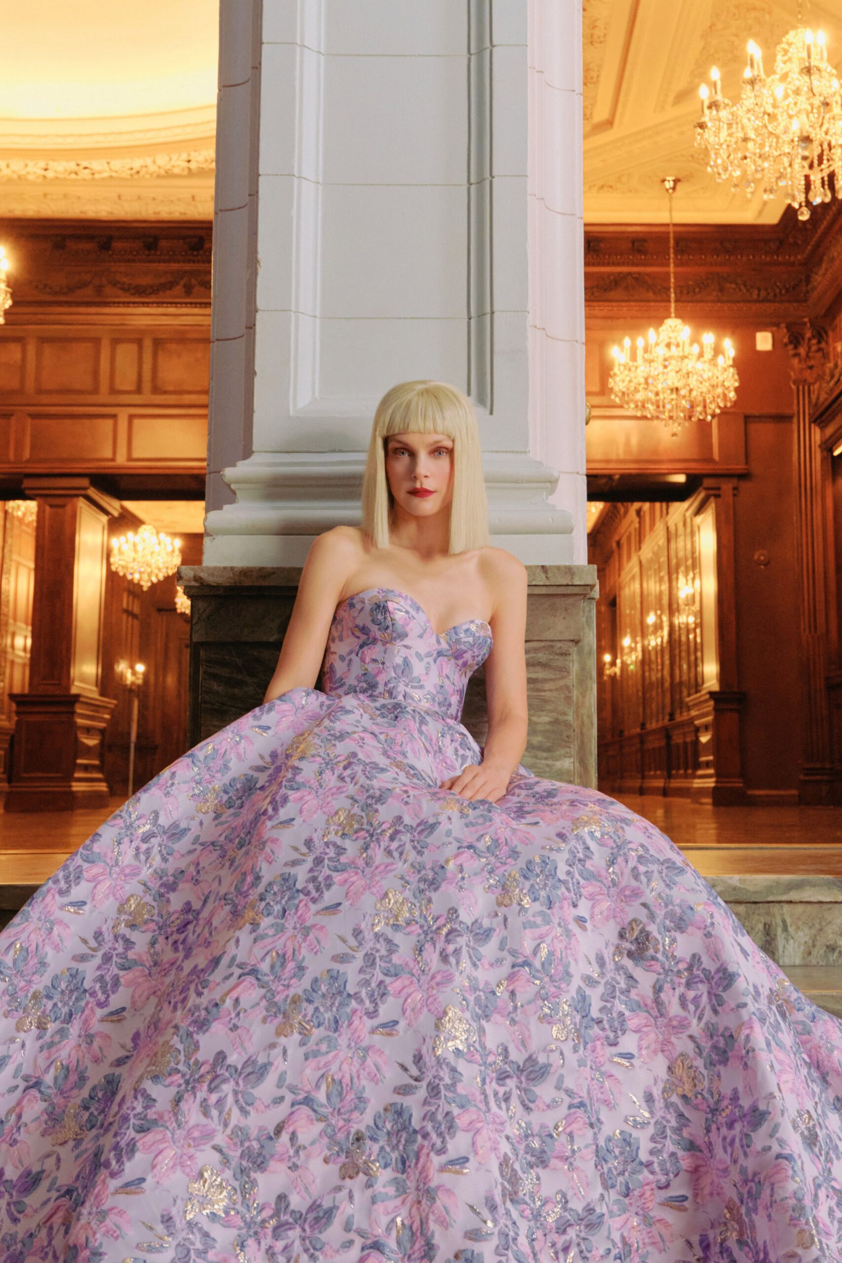 floral strapless pink gown