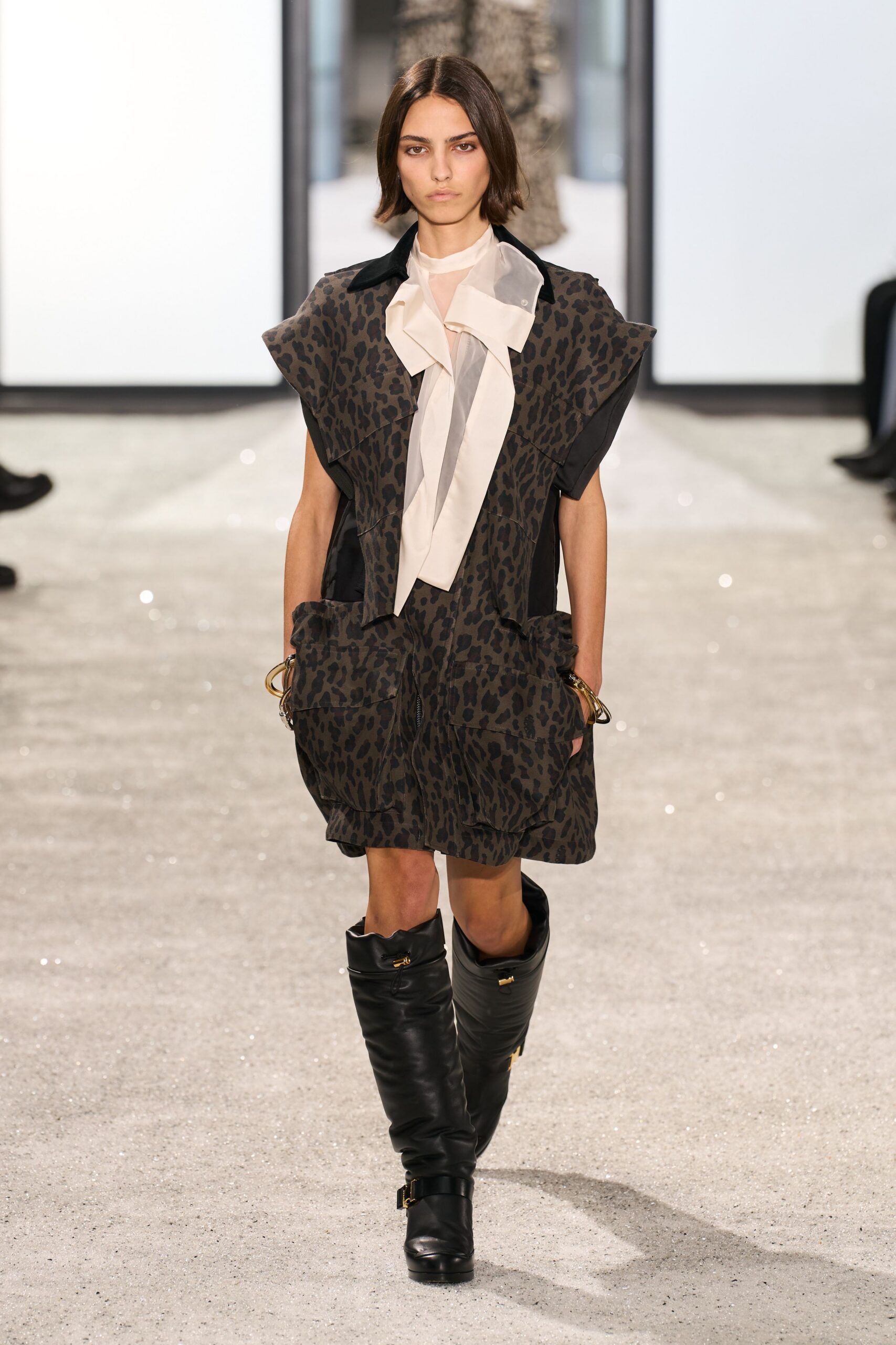 black and beige animal-print dress with boots