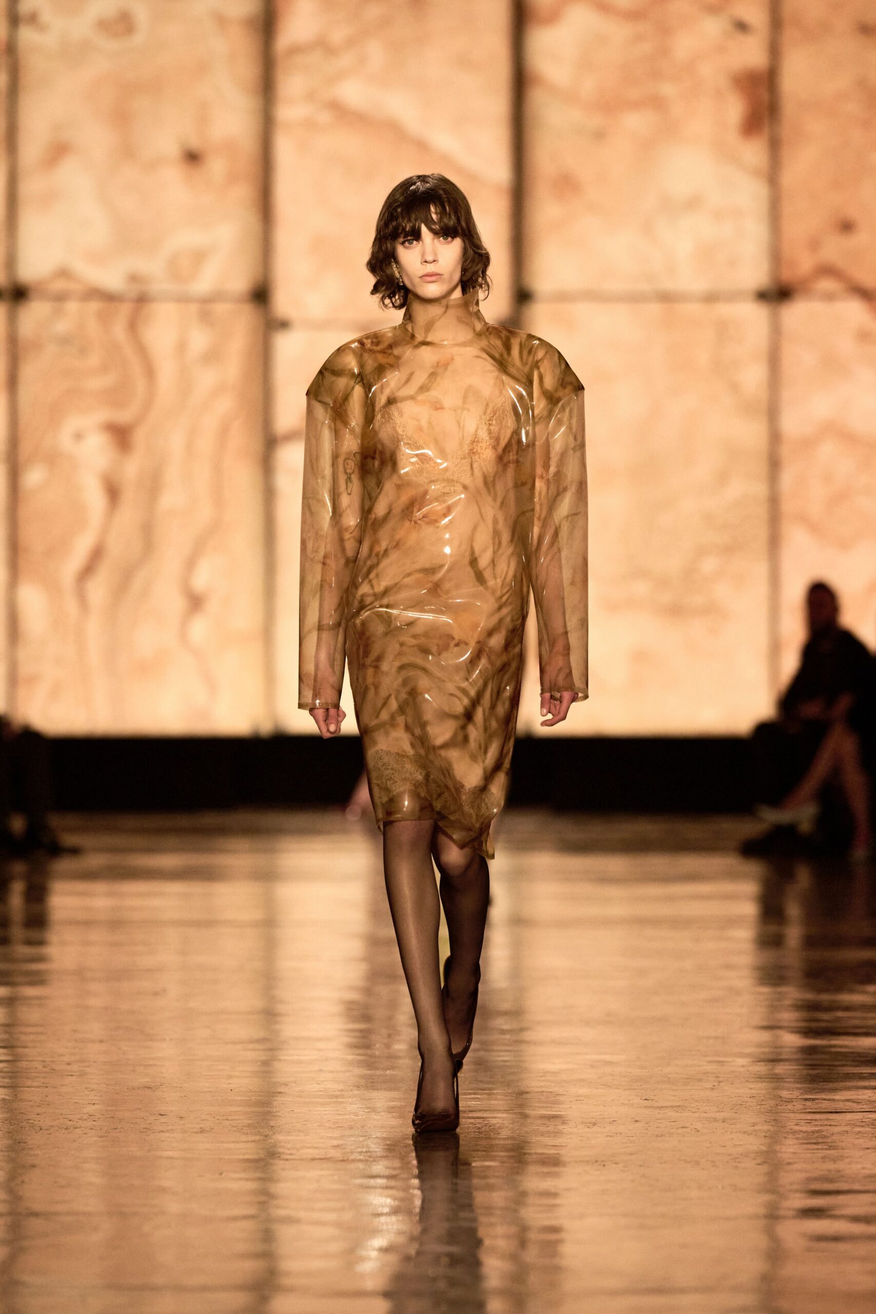 beige vinyl long-sleeve high-neck fitted layered shiny dress