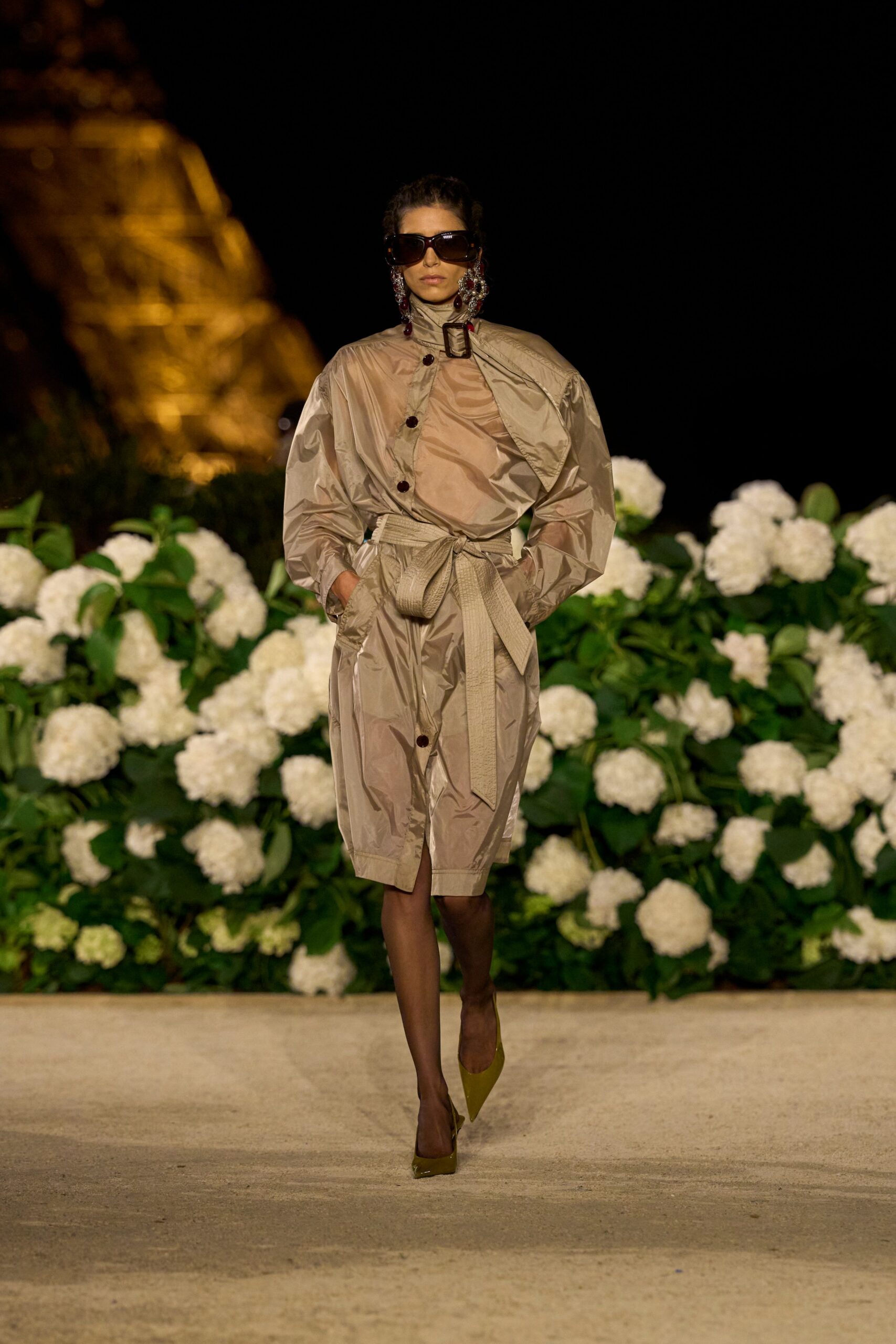 beige silk long-sleeve collared relaxed buttoned belted coat