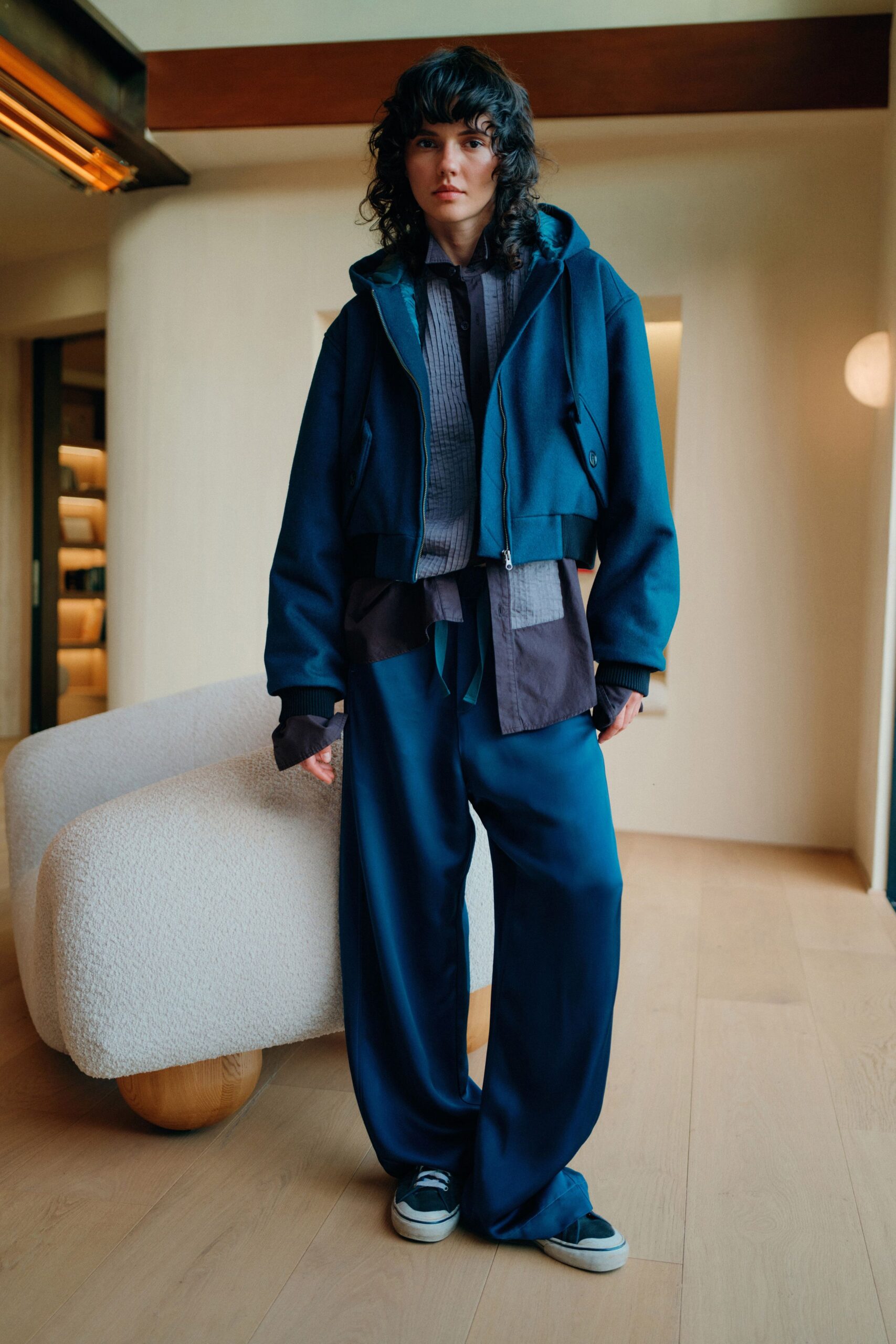 blue oversized jacket with relaxed shirt and pants