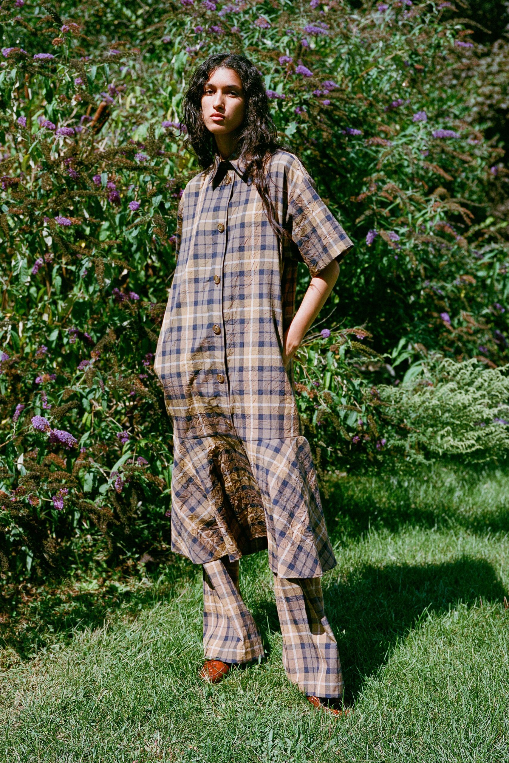 brown cotton short-sleeve collared relaxed checked buttoned jumpsuit