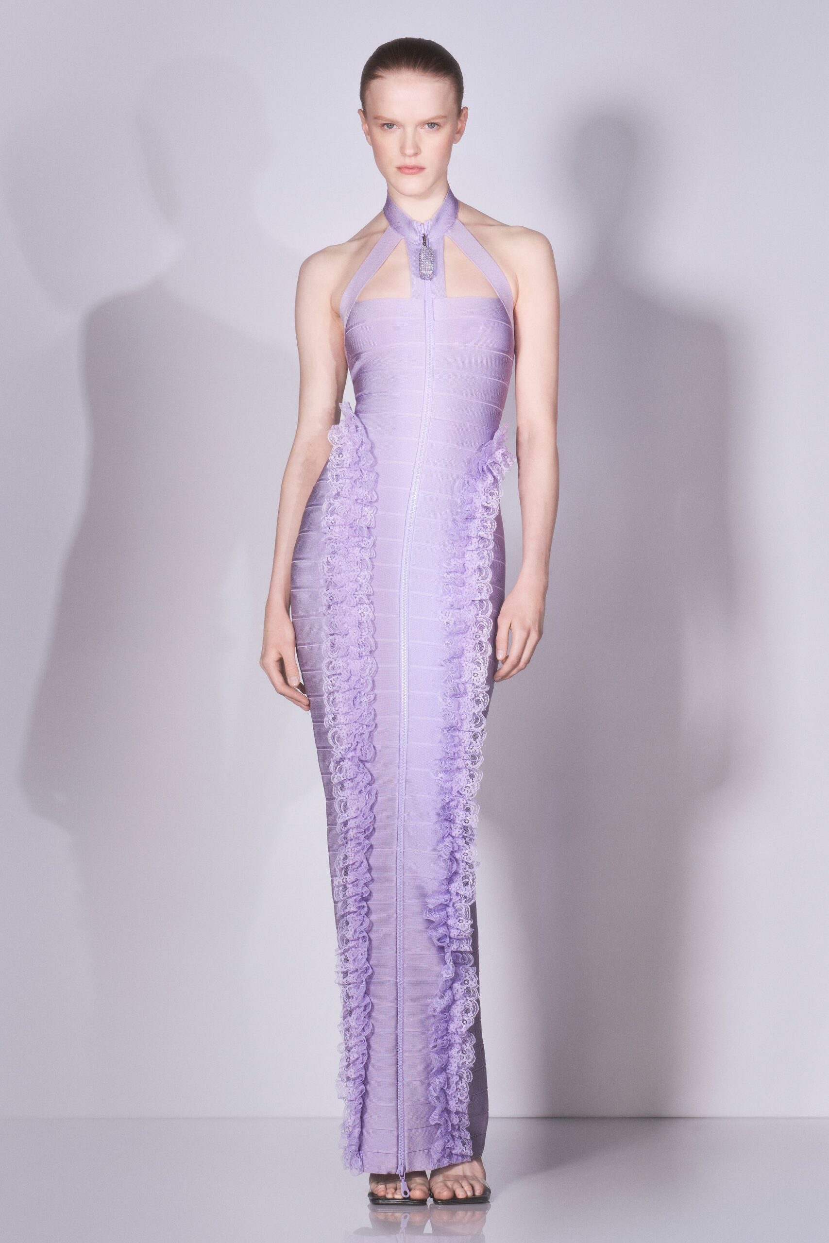 purple fitted gown with ruffles