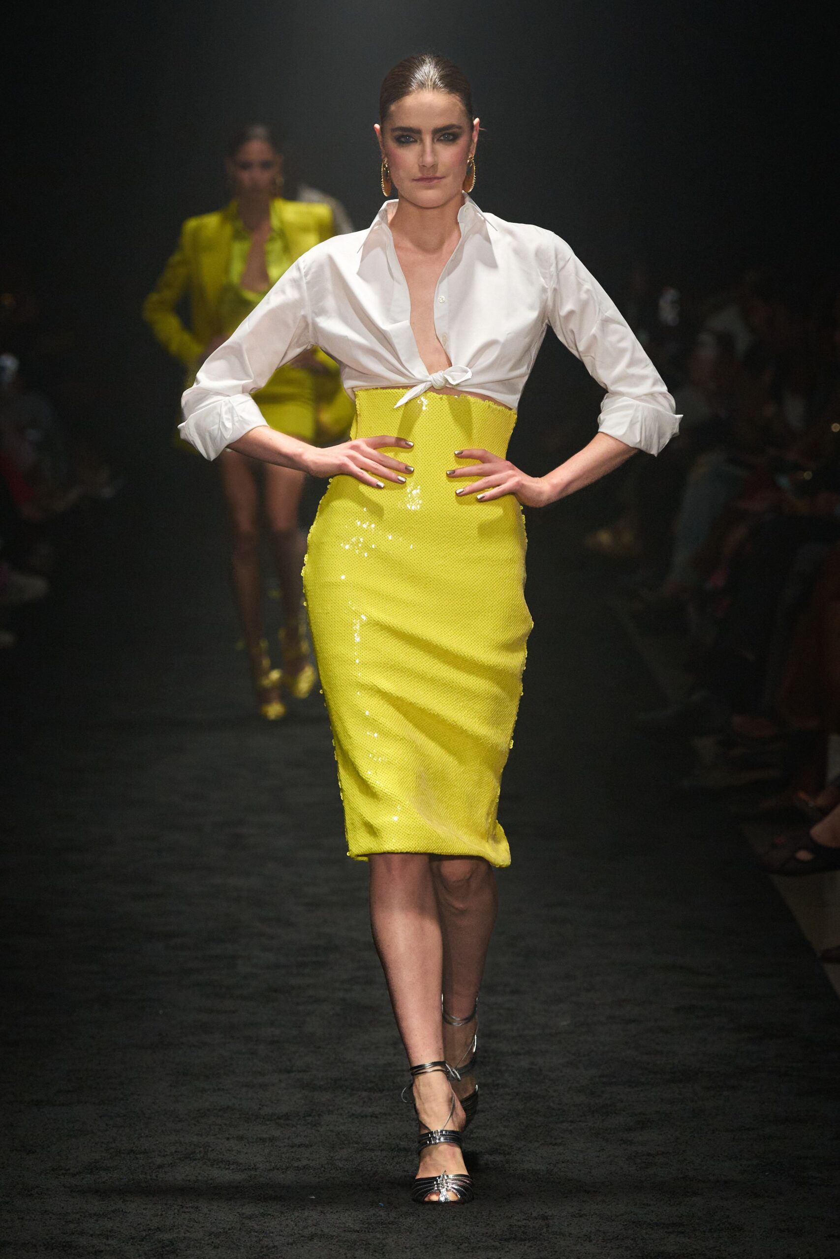 white shirt yellow sequin dress