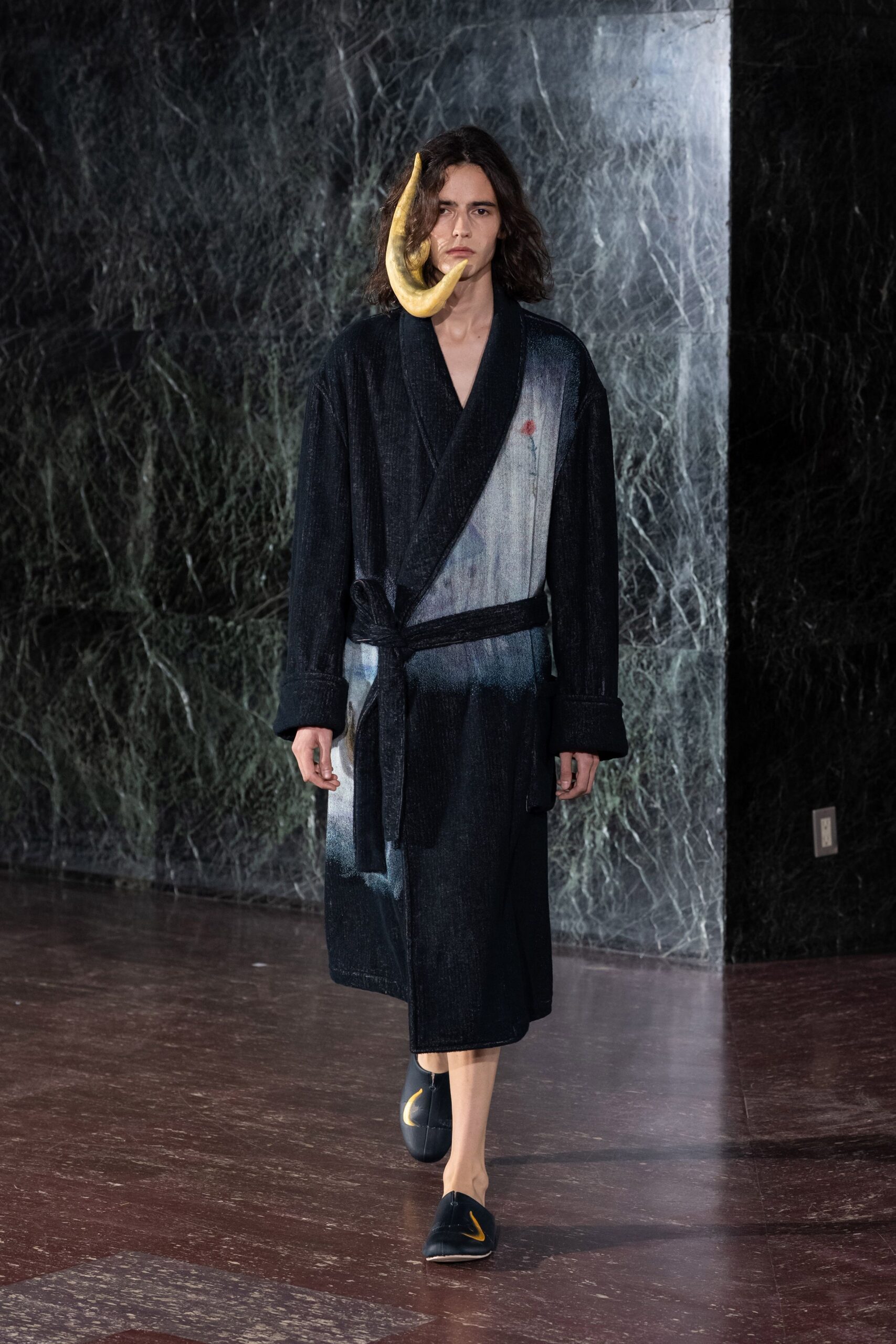 black denim long-sleeve collared relaxed draped midi coat