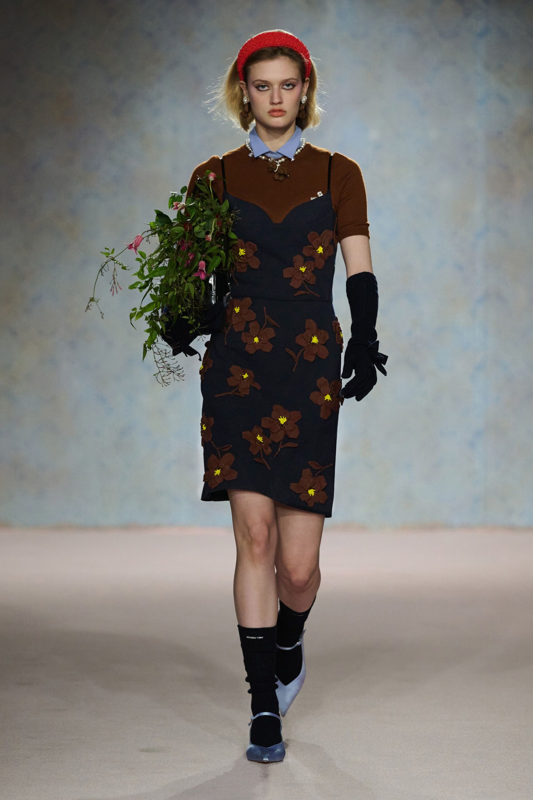 brown cotton short-sleeve collared fitted embroidered pencil dress