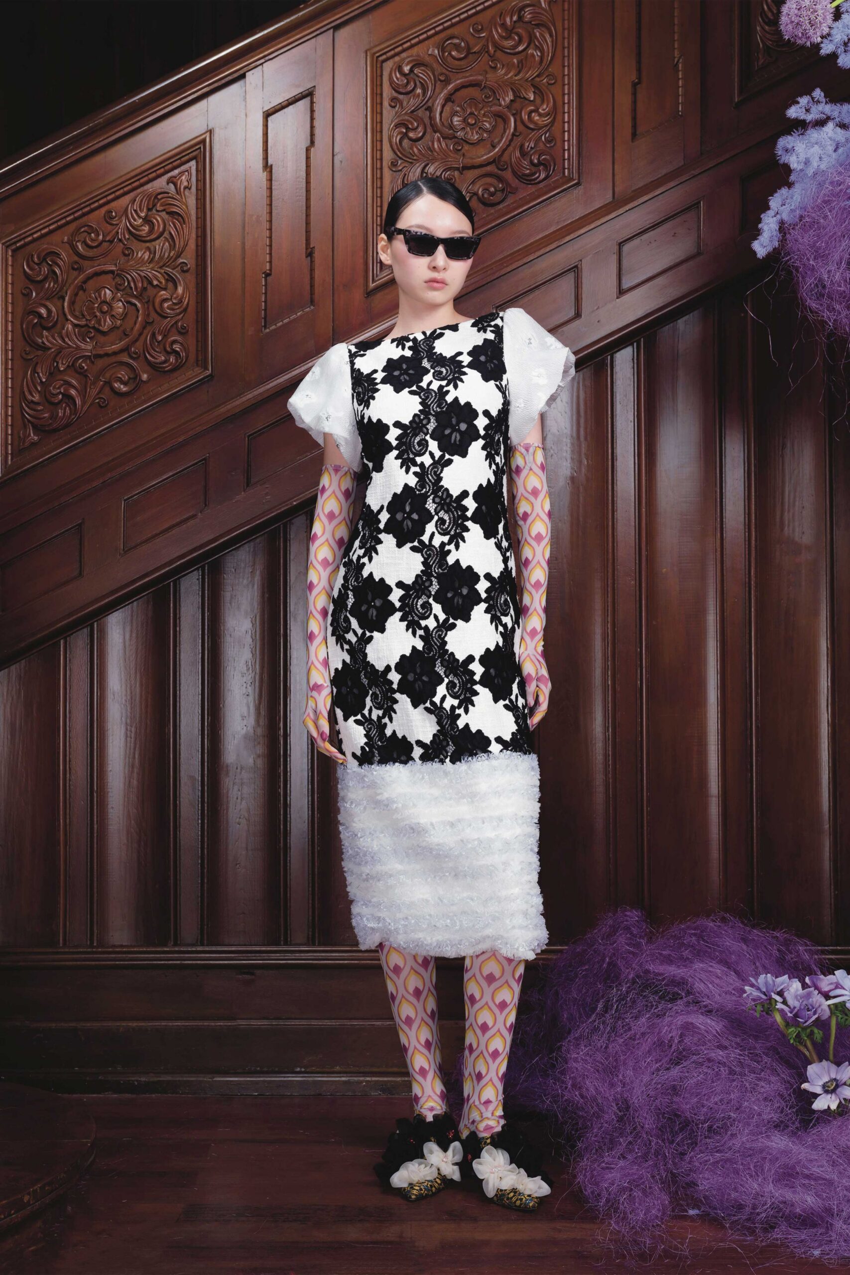black and white embroidered midi dress