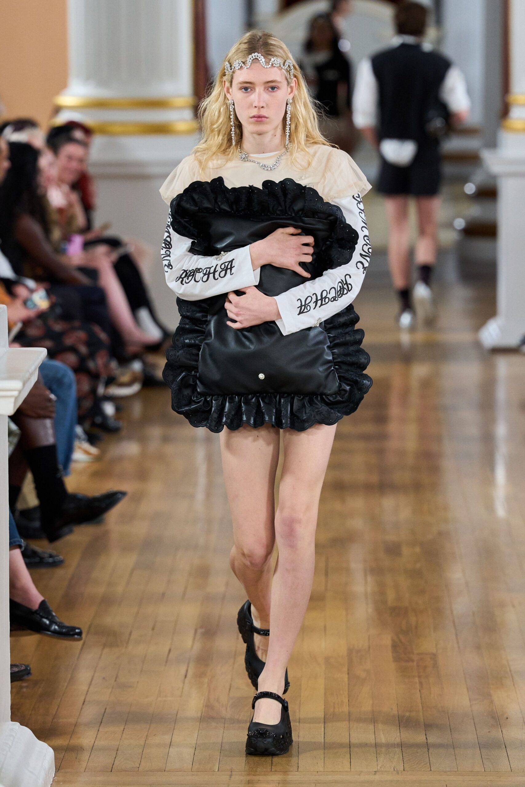 black silk sleeveless v-neck fitted ruffled mini dress