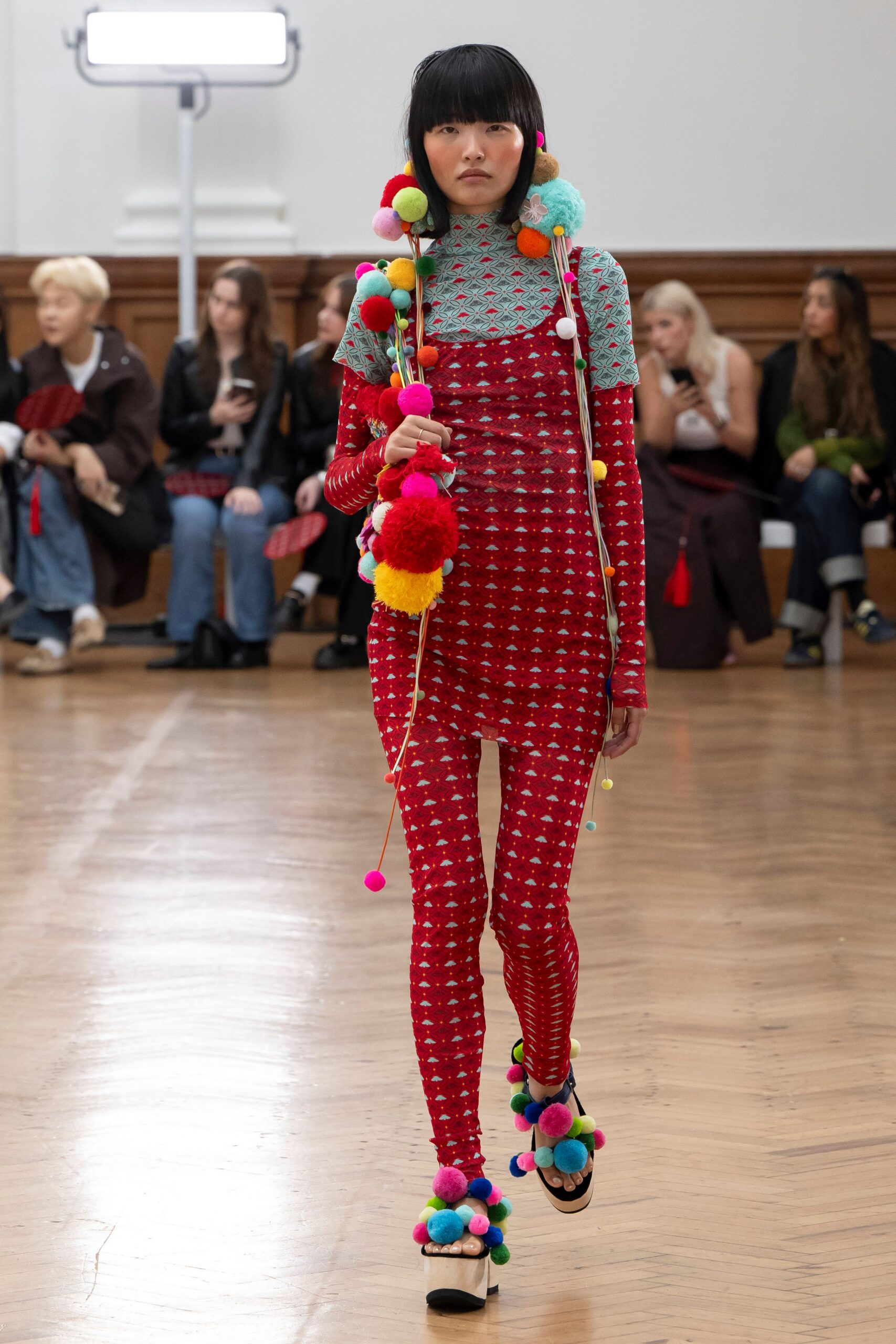 red cotton long-sleeve high-neck fitted printed embellished catsuit