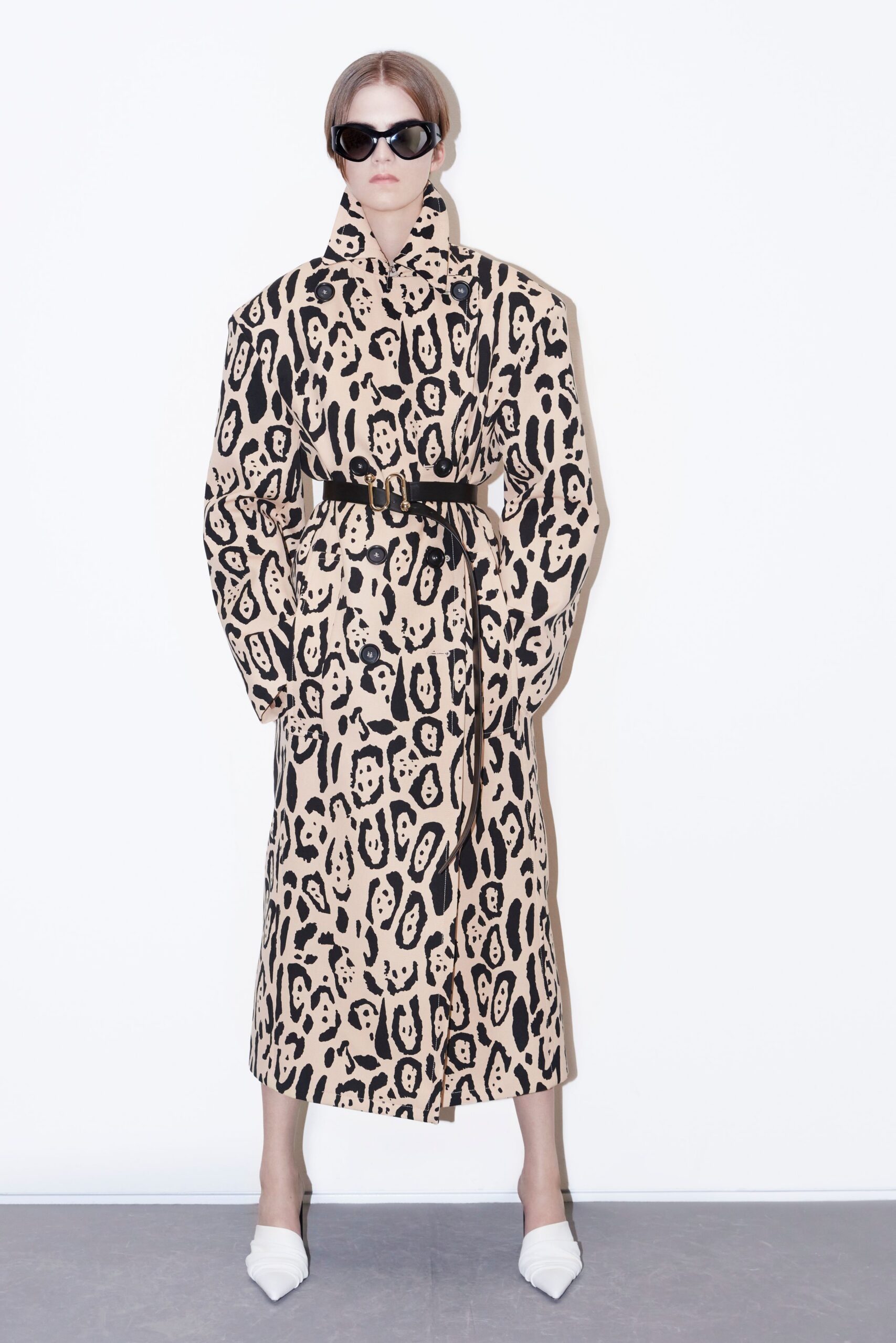 beige cotton long-sleeve collared oversized printed belted coat