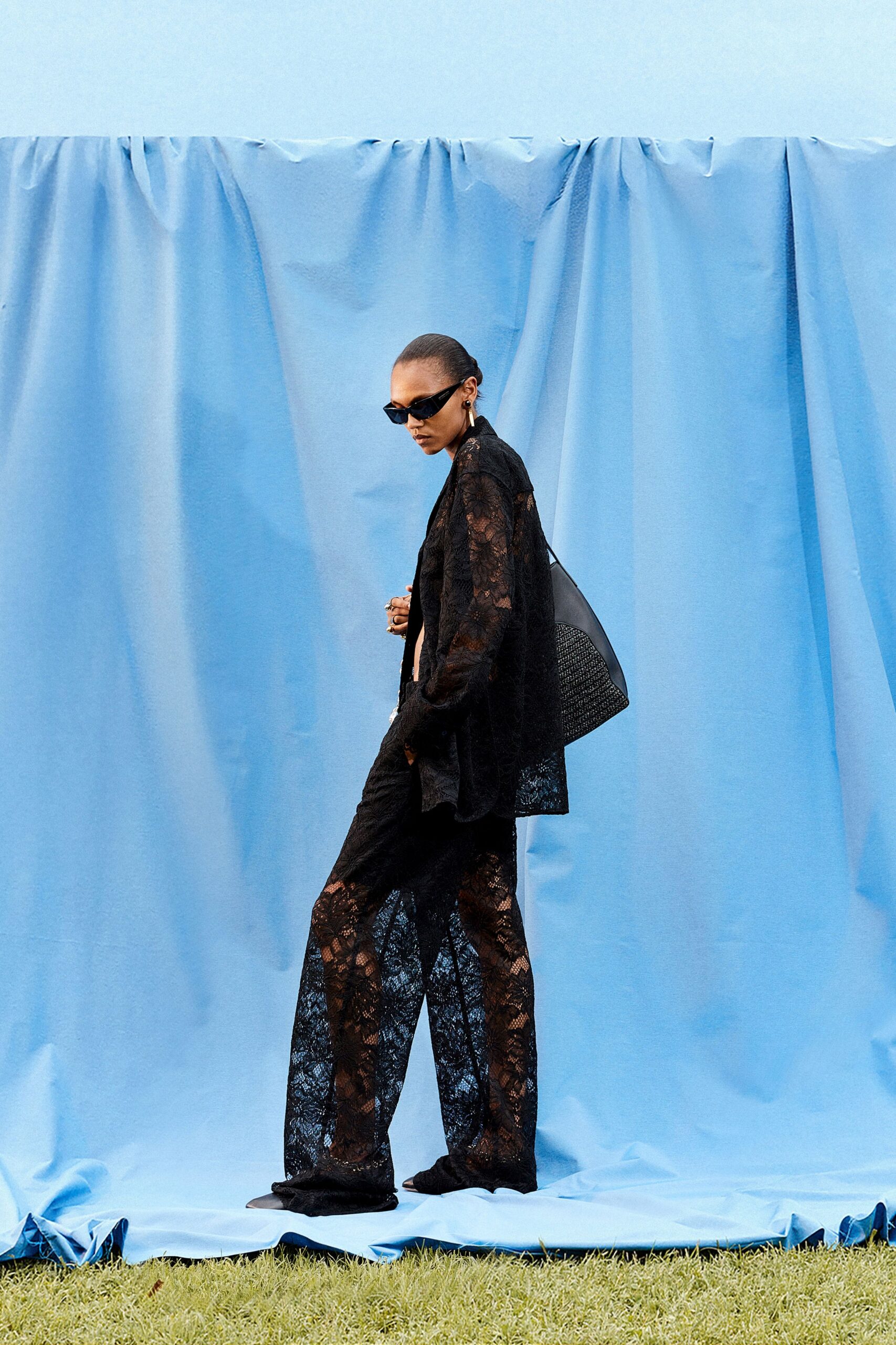 black lace relaxed wide-leg sheer pants