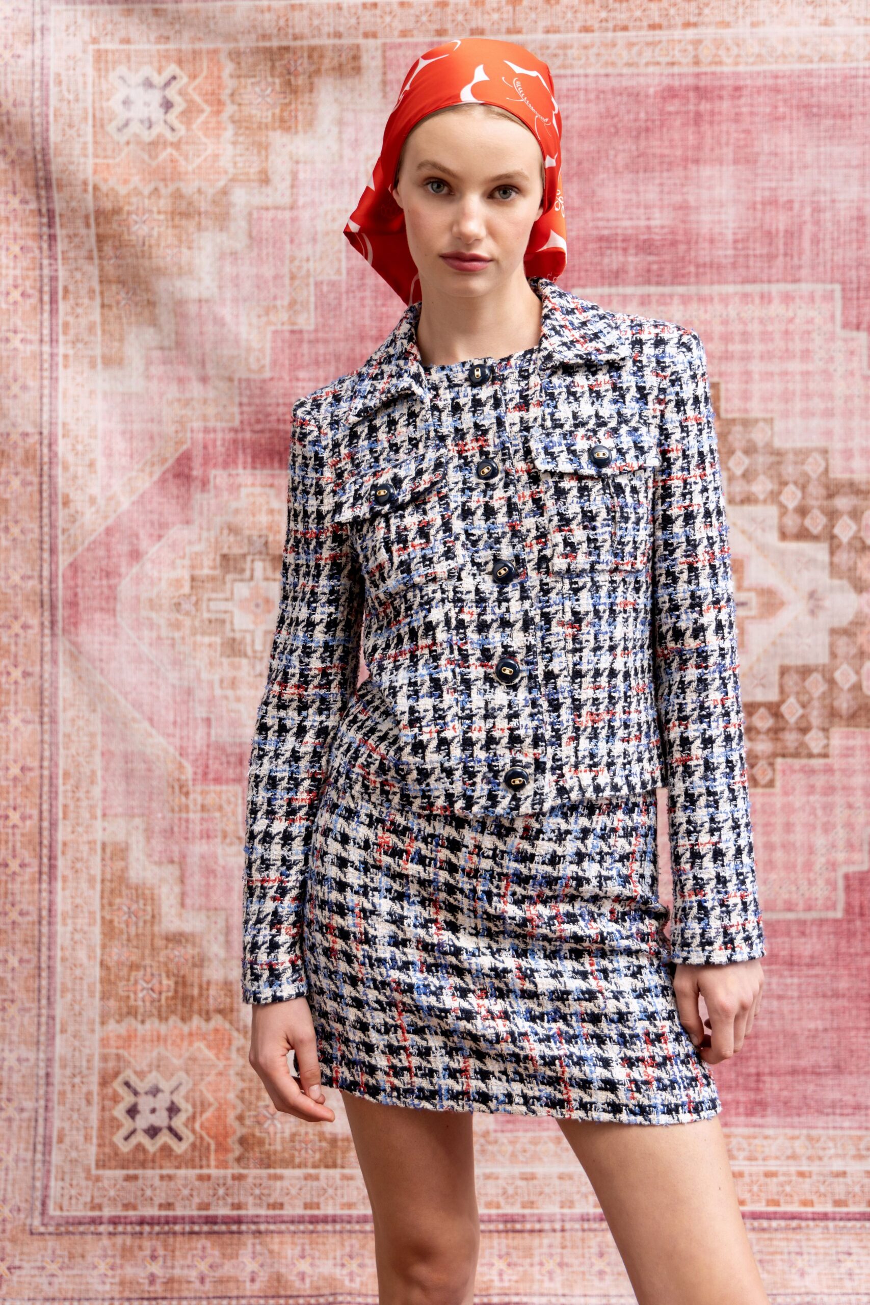 blue and red tweed blazer with mini skirt