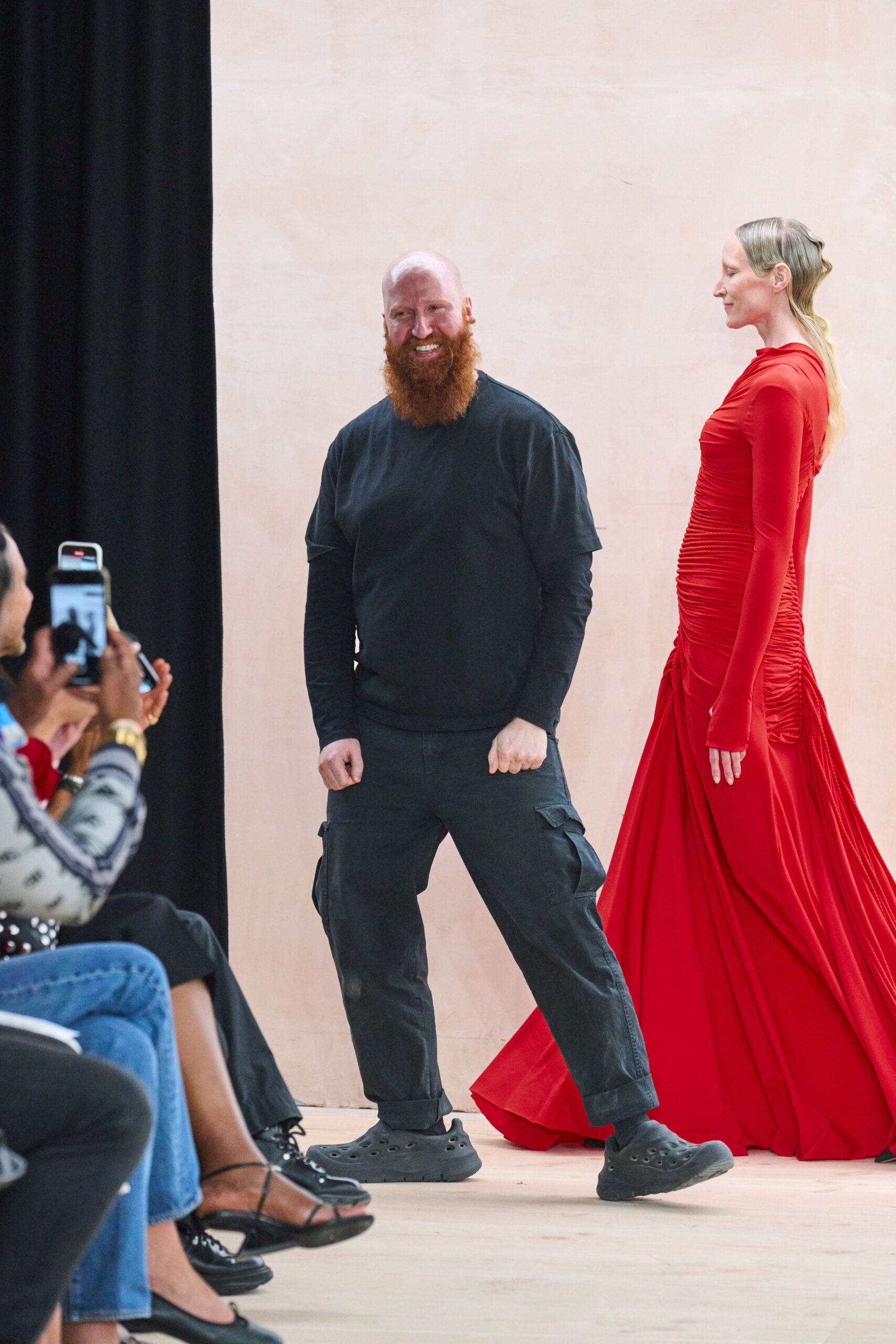red fitted gown with long sleeves