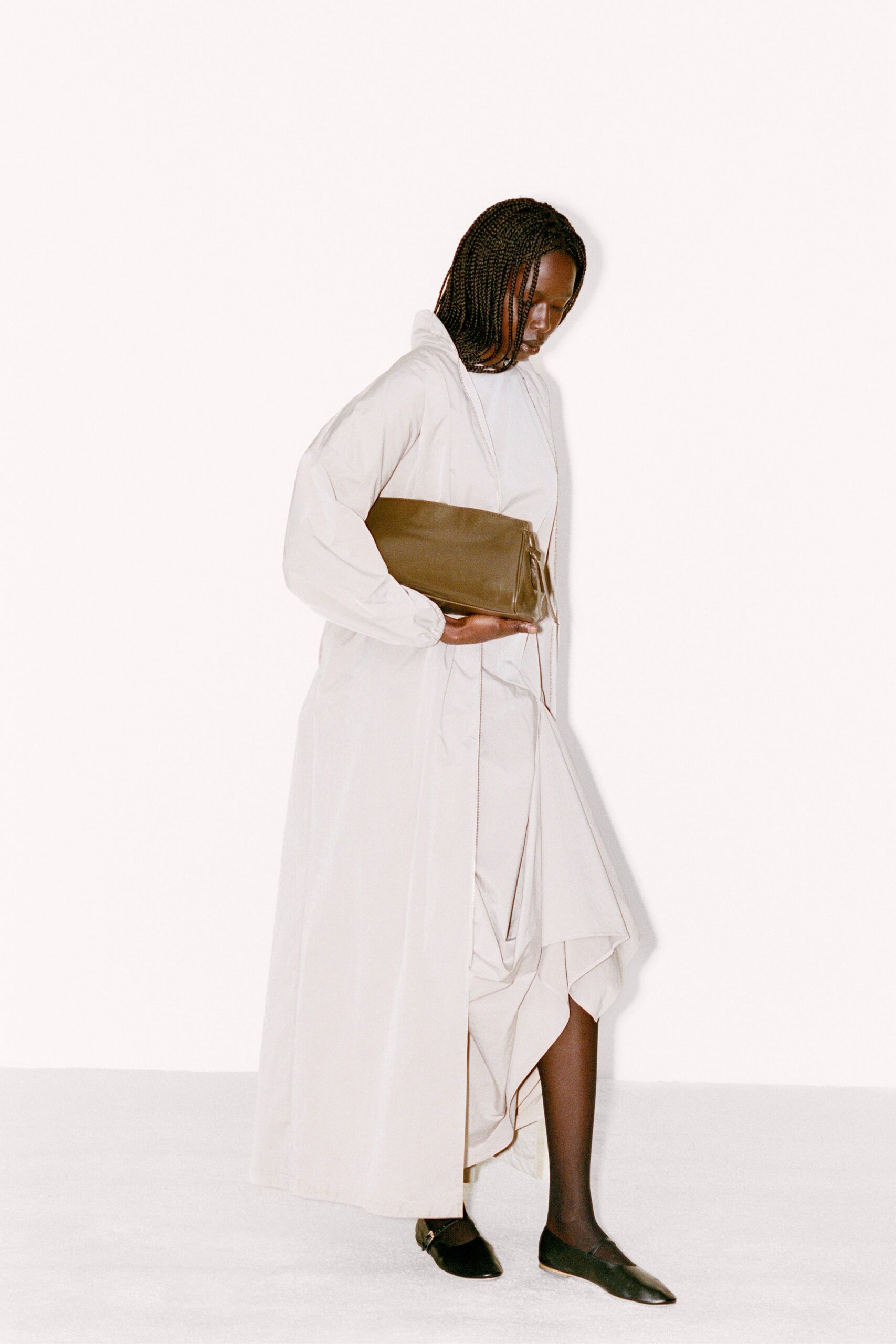 beige cotton long-sleeve collared relaxed midi dress