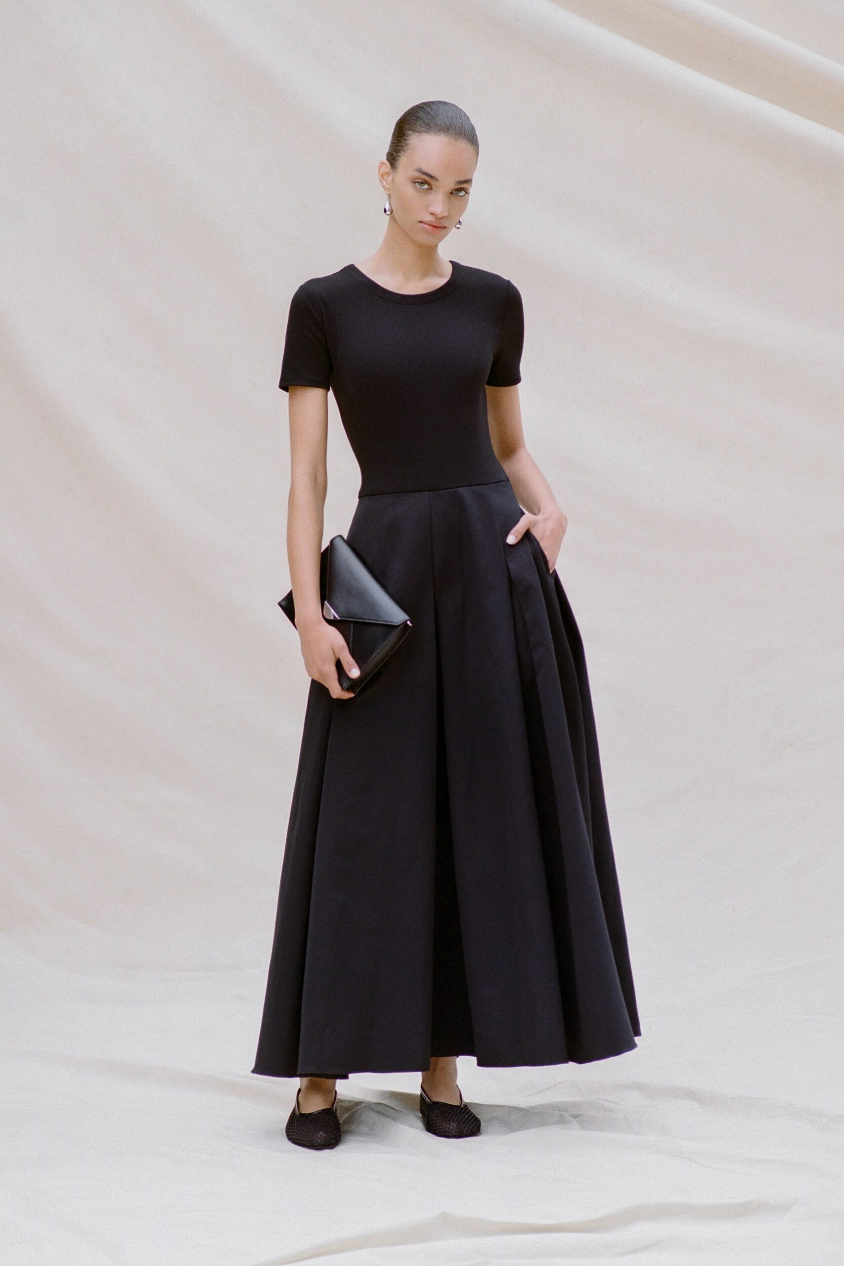 black cotton short-sleeve collared fitted pleated maxi dress
