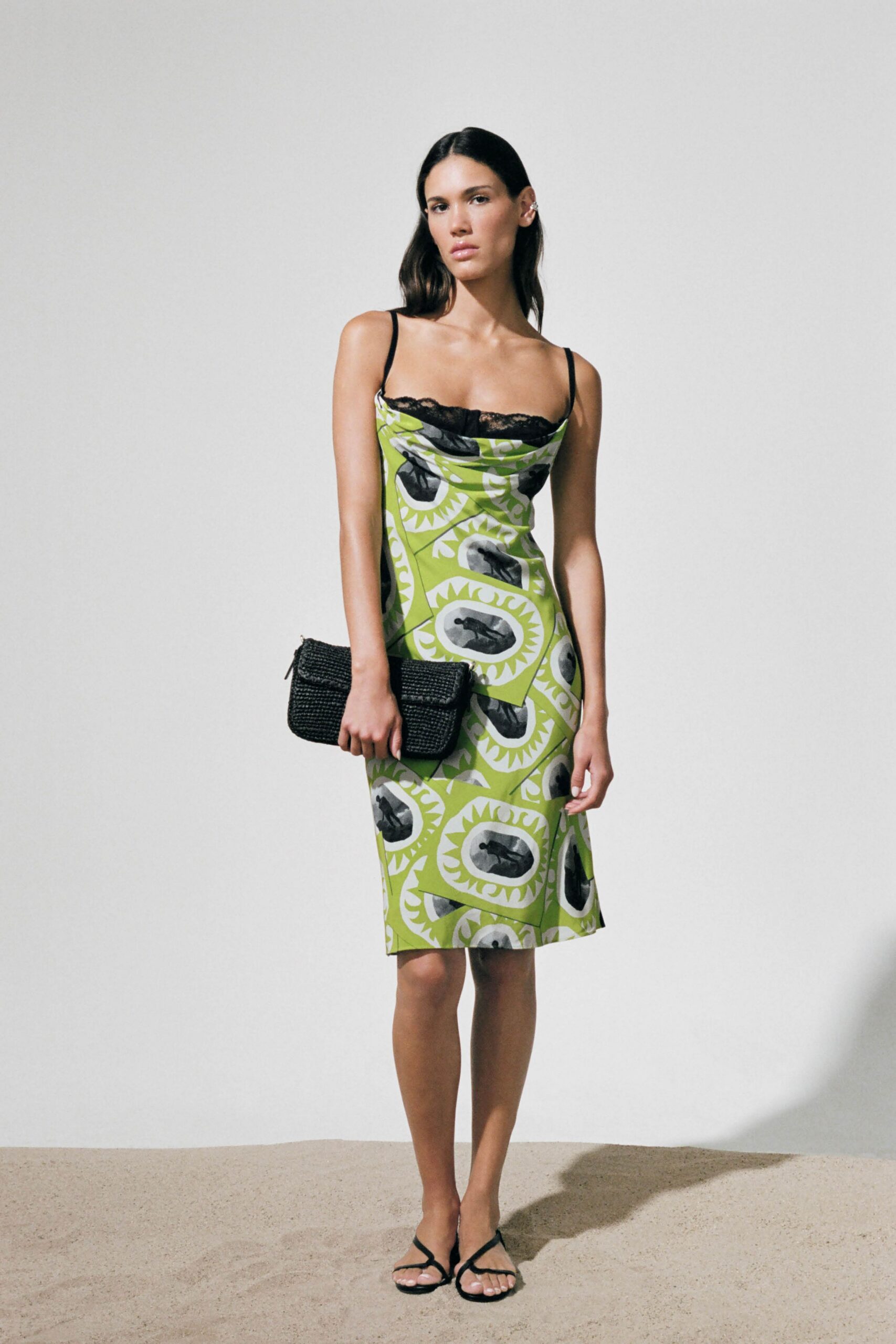 green silk sleeveless v-neck fitted printed midi dress