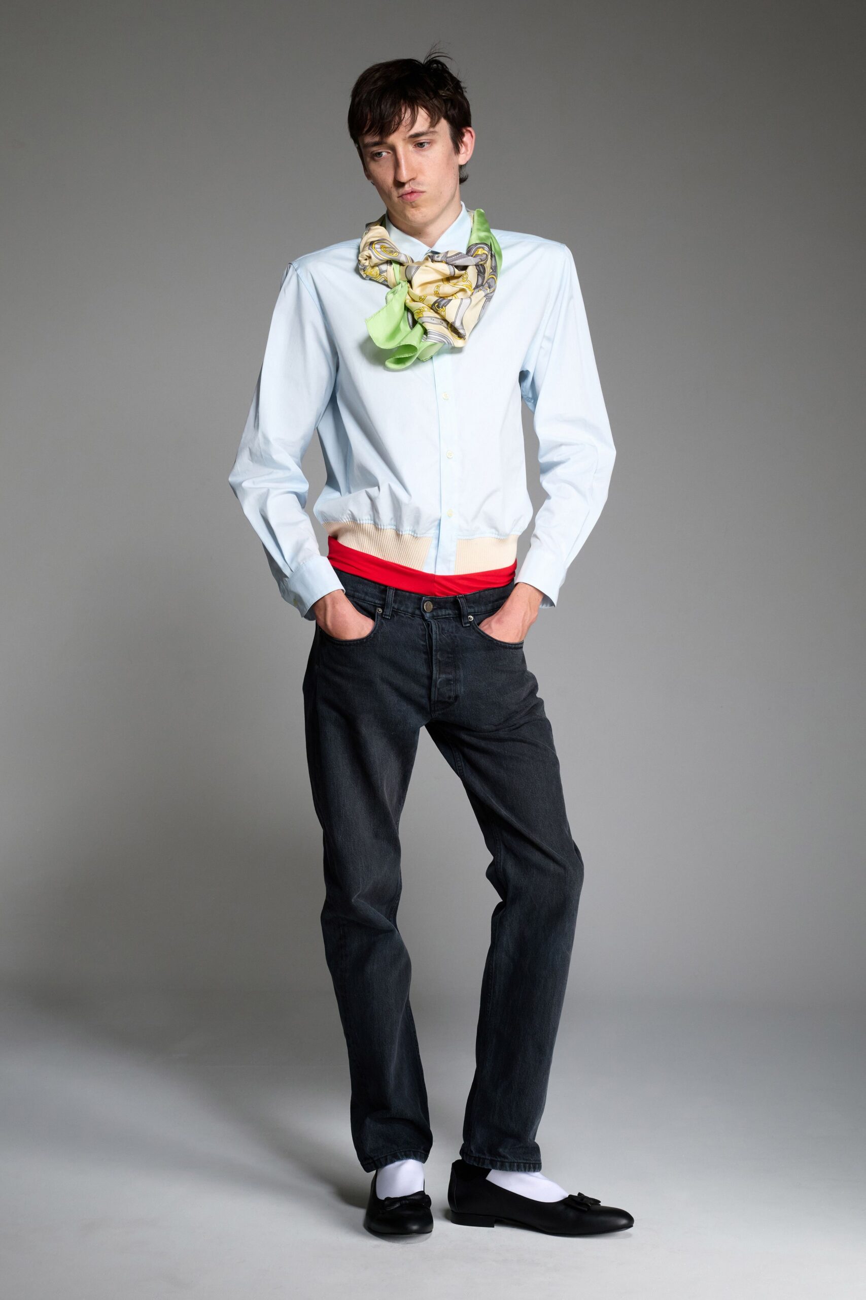 light blue shirt with black pants