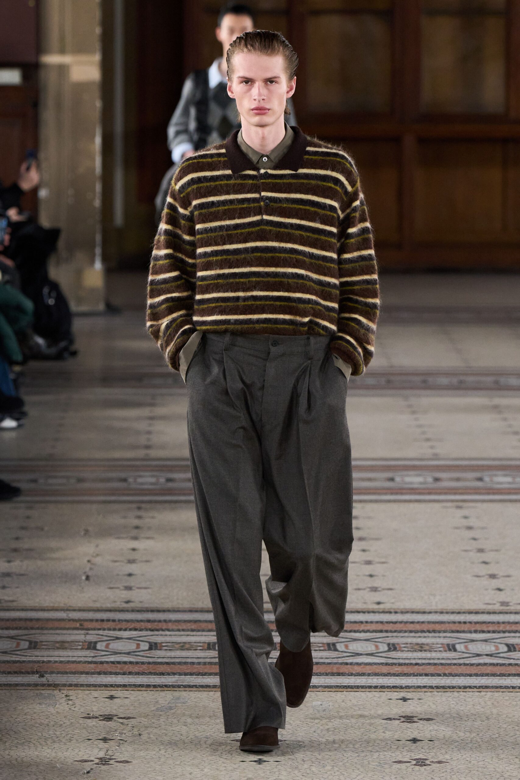 brown striped sweater gray tailored pants