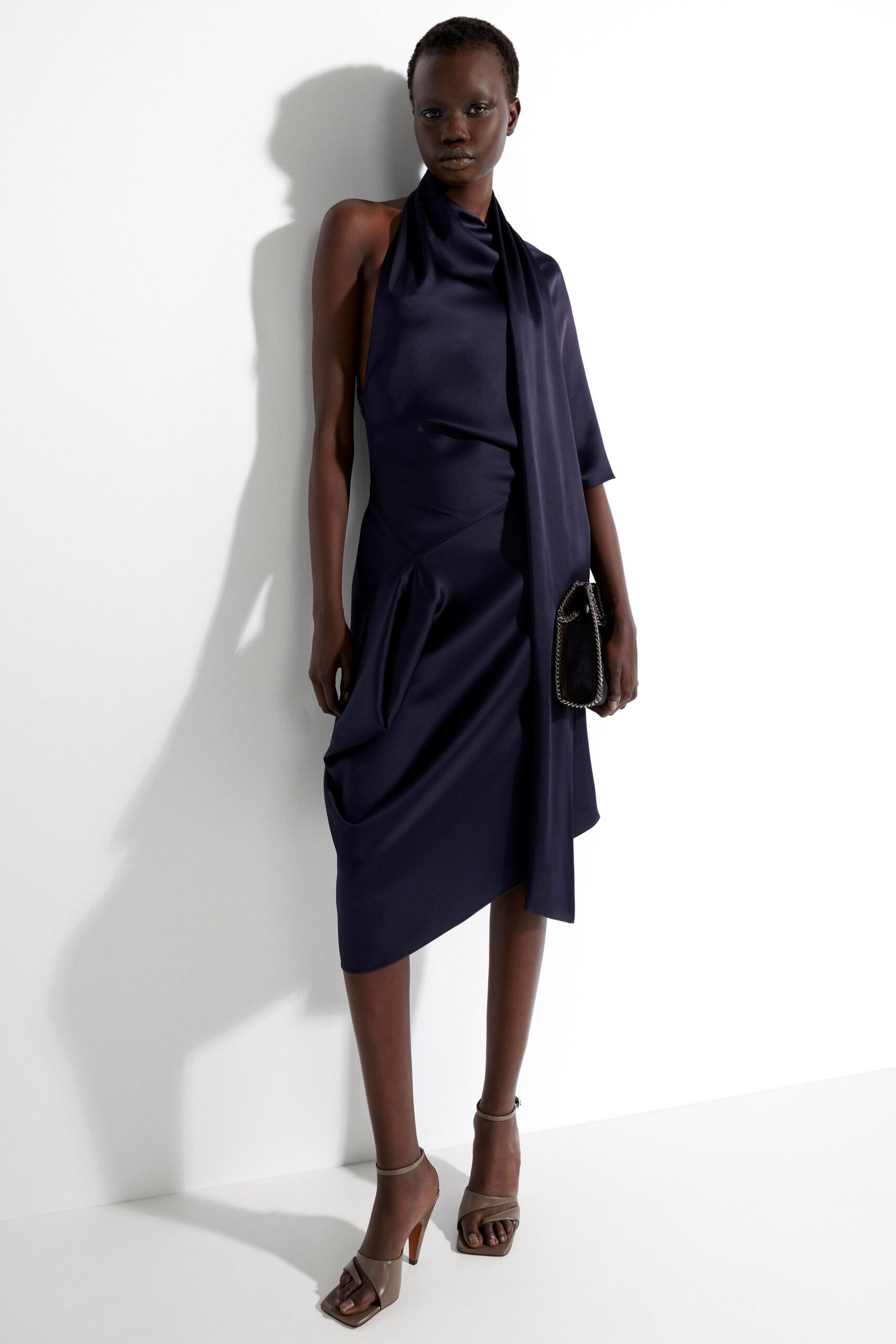 navy satin halterneck dress