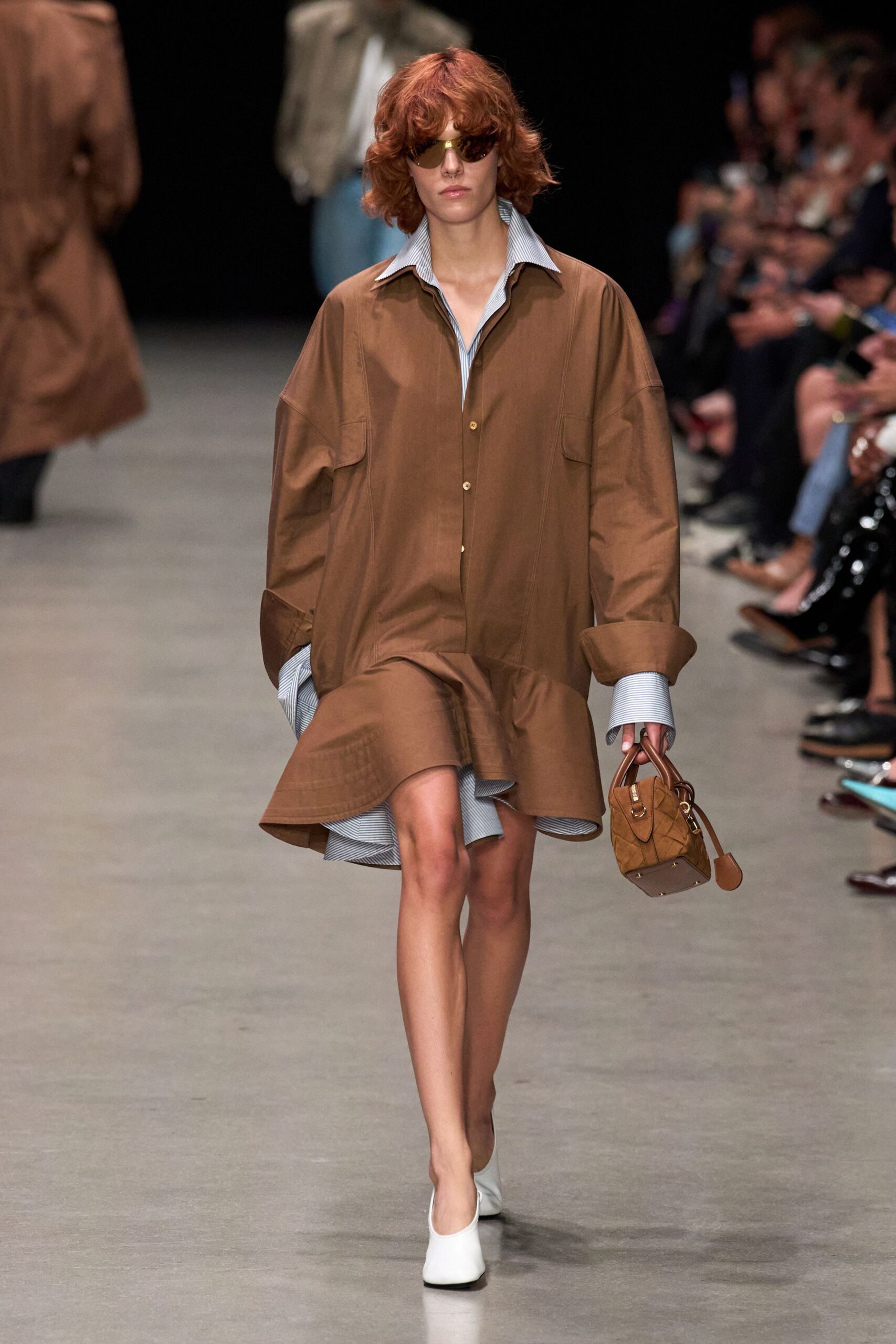 brown cotton long-sleeve collared relaxed buttoned mini shirt-dress