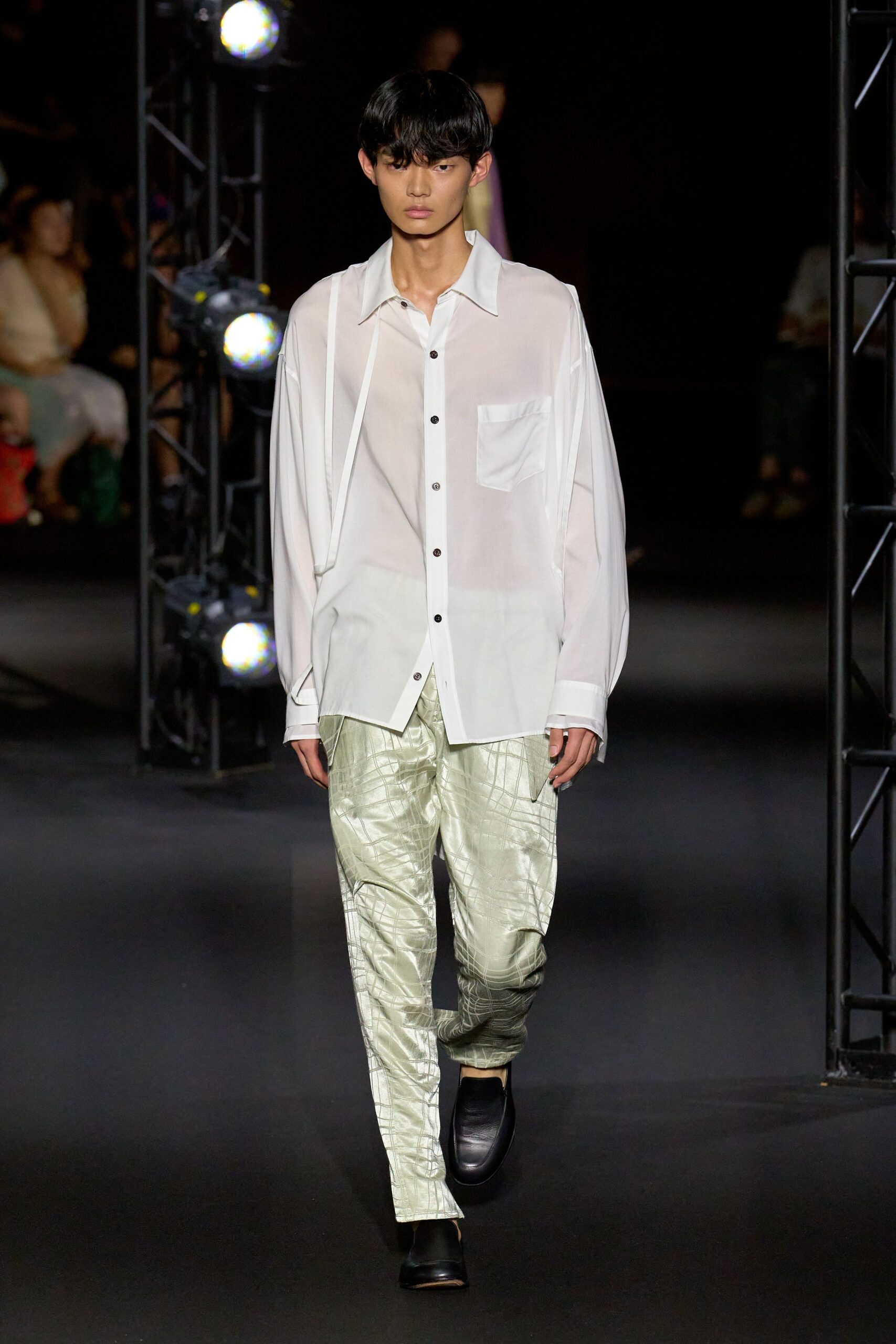 white cotton long-sleeve collared relaxed buttoned sheer shirt