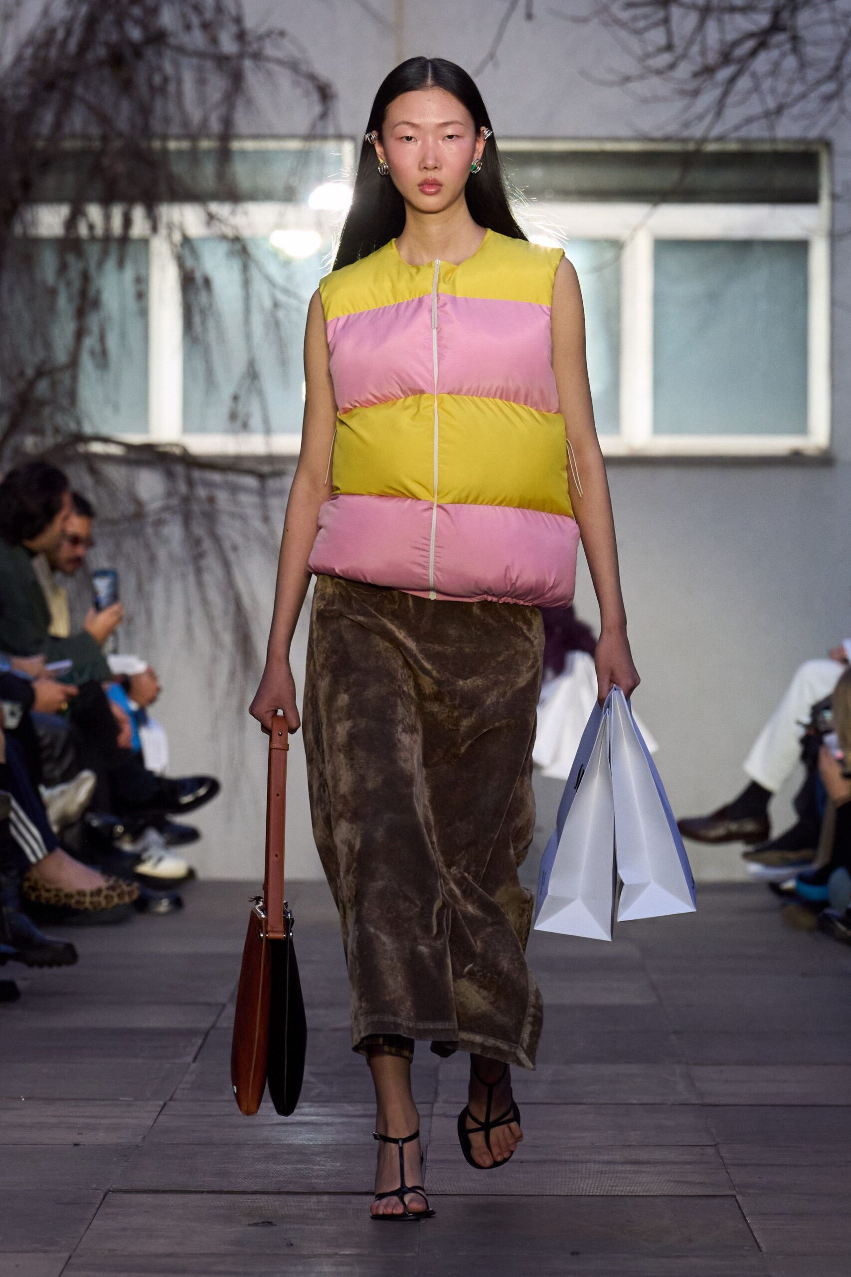 colorful padded vest and midi skirt