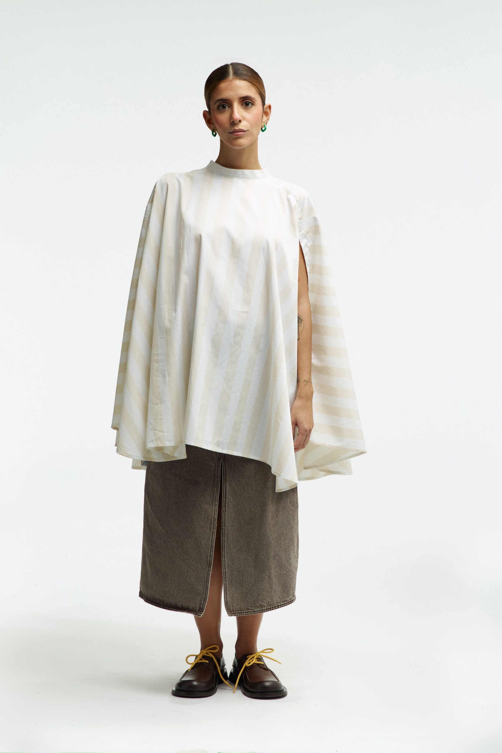 white cotton sleeveless high-neck relaxed striped cape