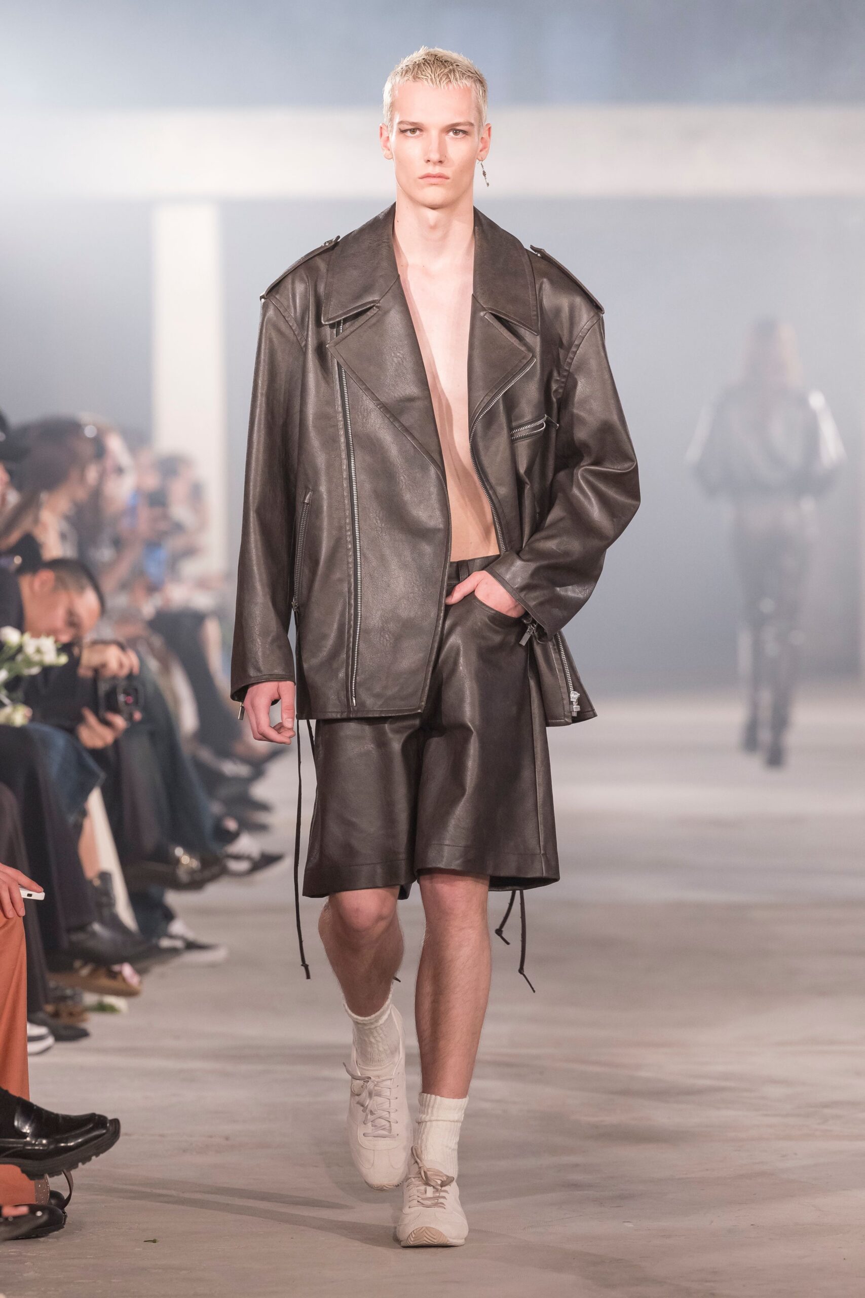 black leather jacket and shorts