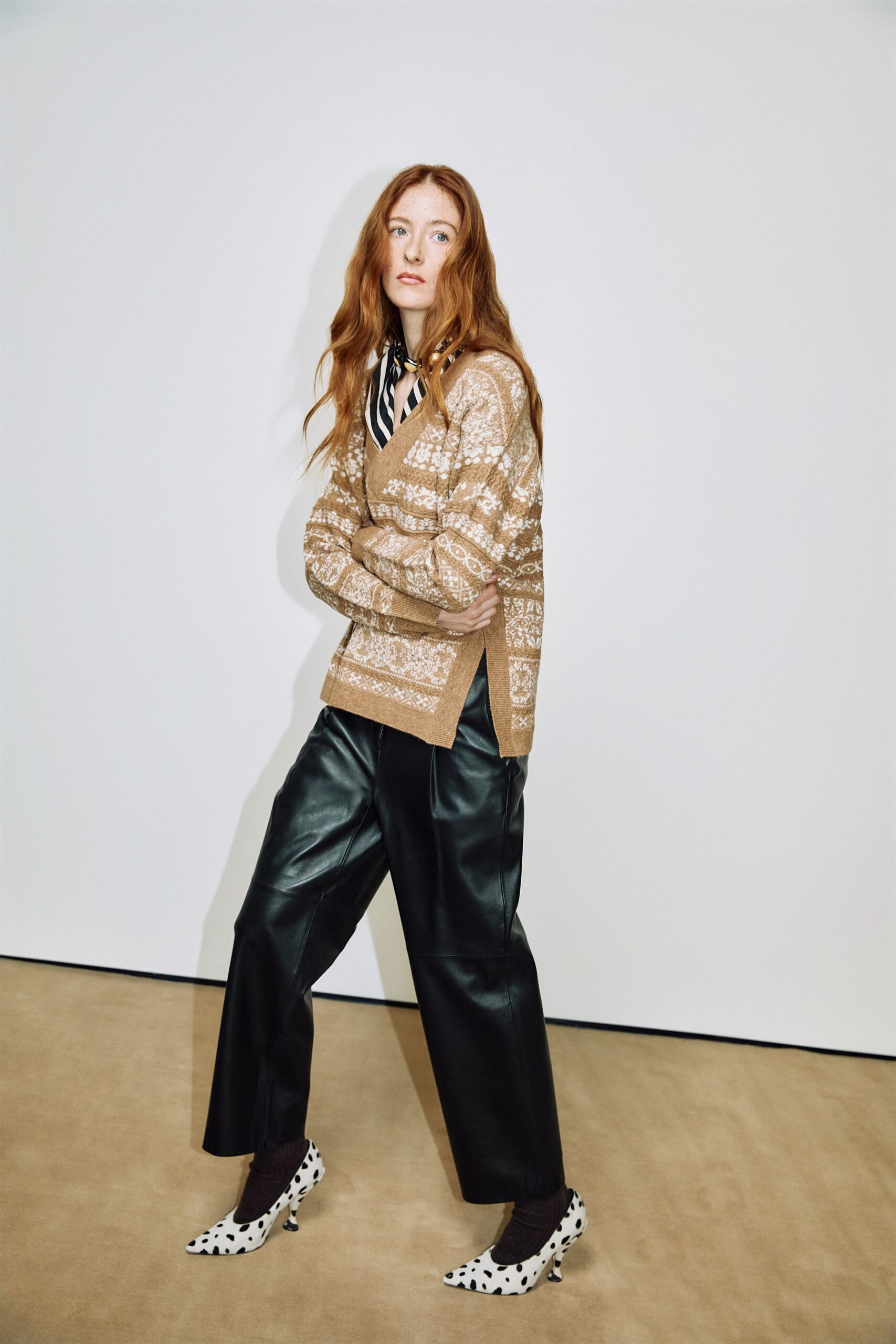 brown wool long-sleeve v-neck relaxed striped sweater