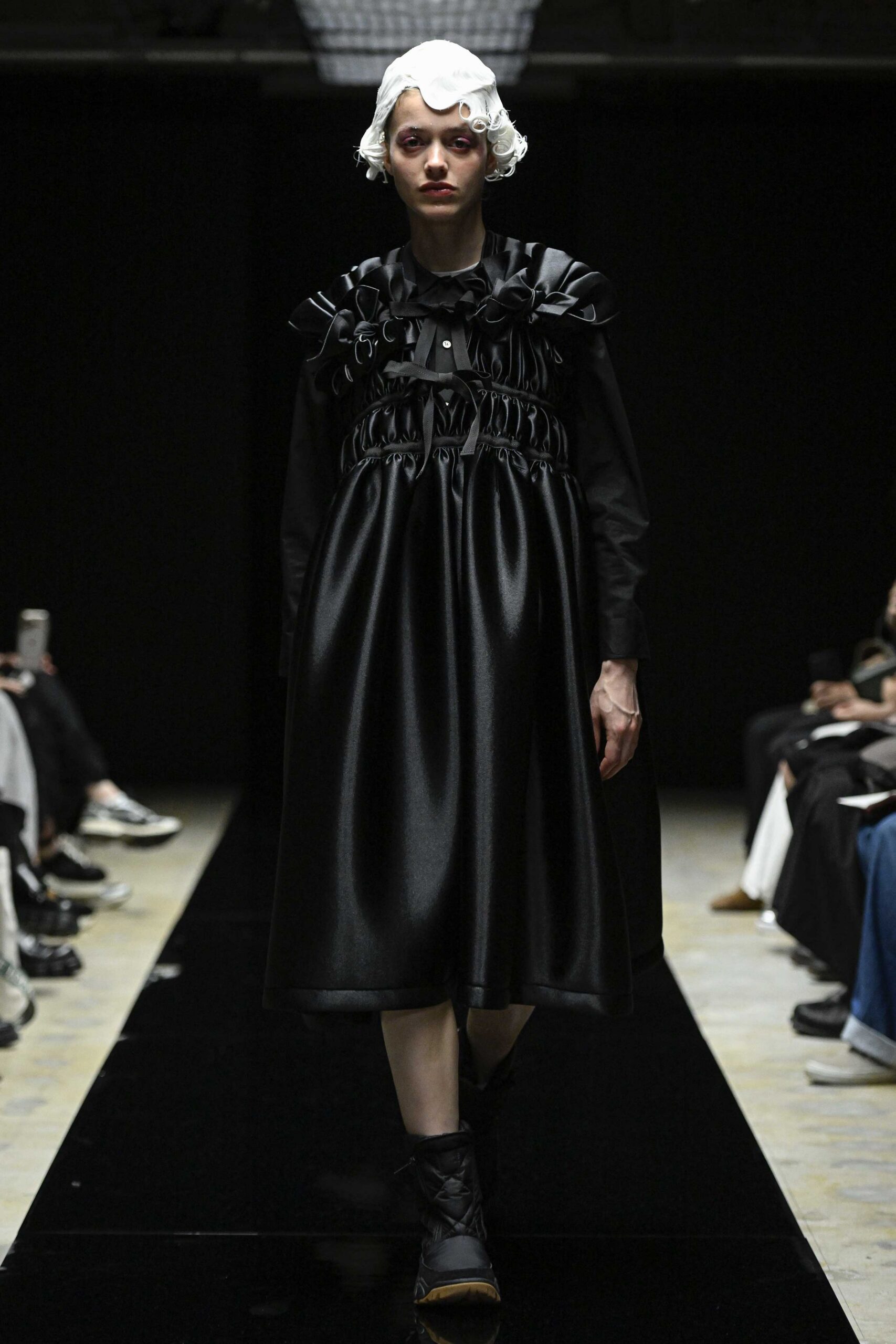 black silk midi dress with ruffles