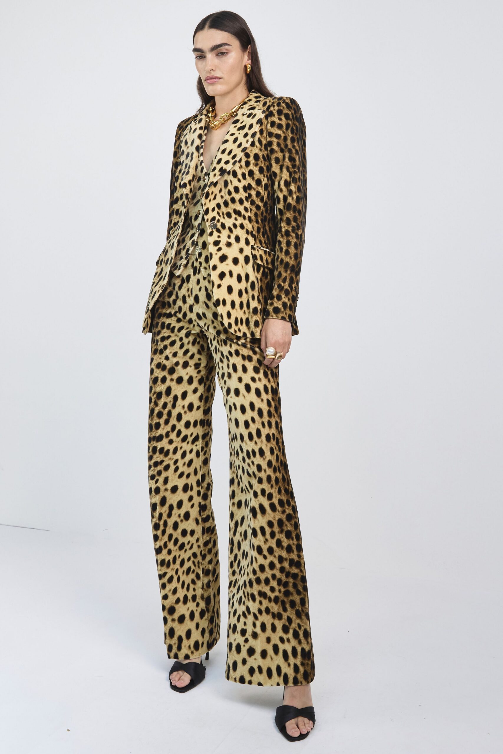 beige velvet long-sleeve collared tailored printed suit