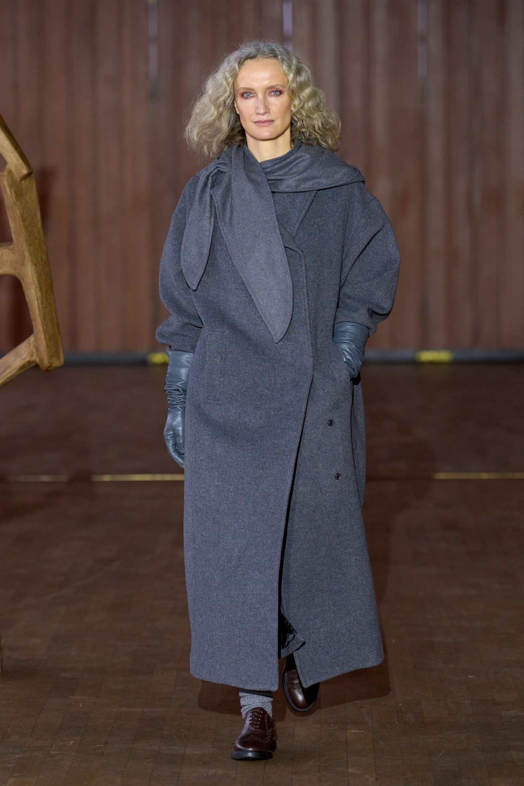 gray wool long-sleeve collared relaxed belted maxi coat
