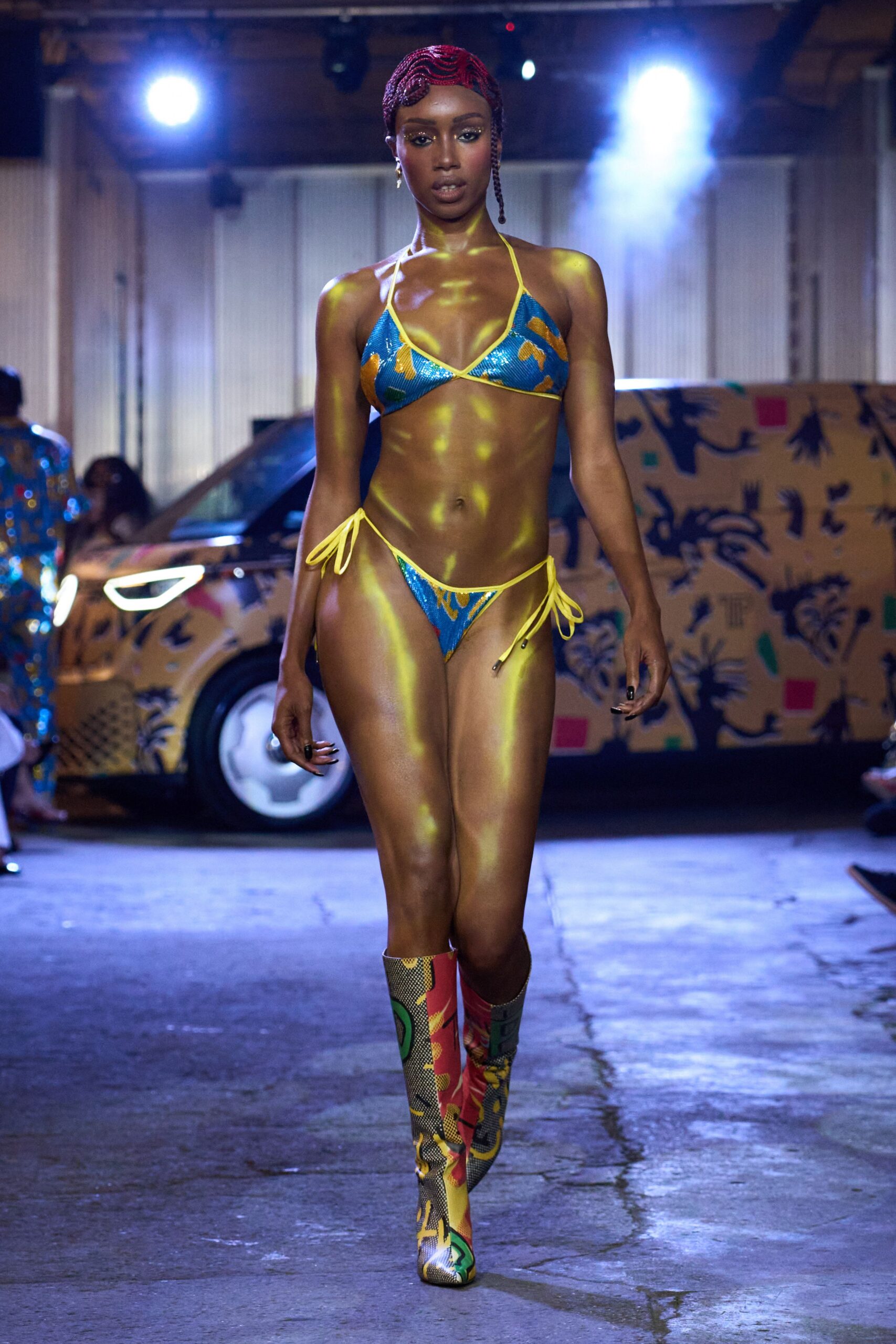 blue yellow printed bikini and boots