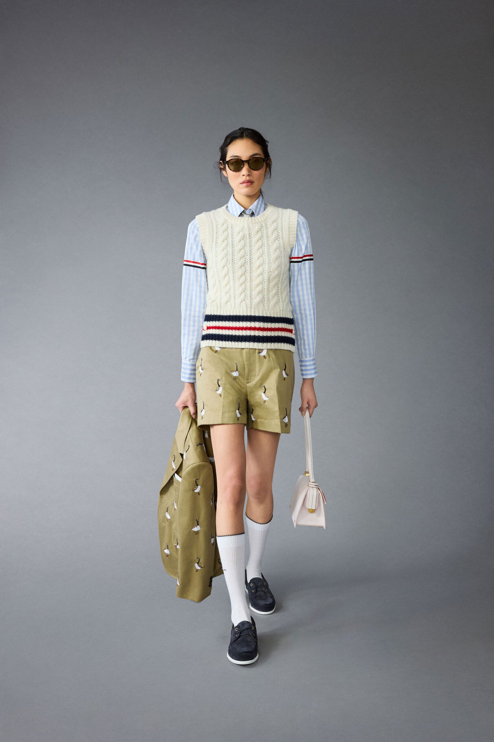 beige sweater blue shirt shorts
