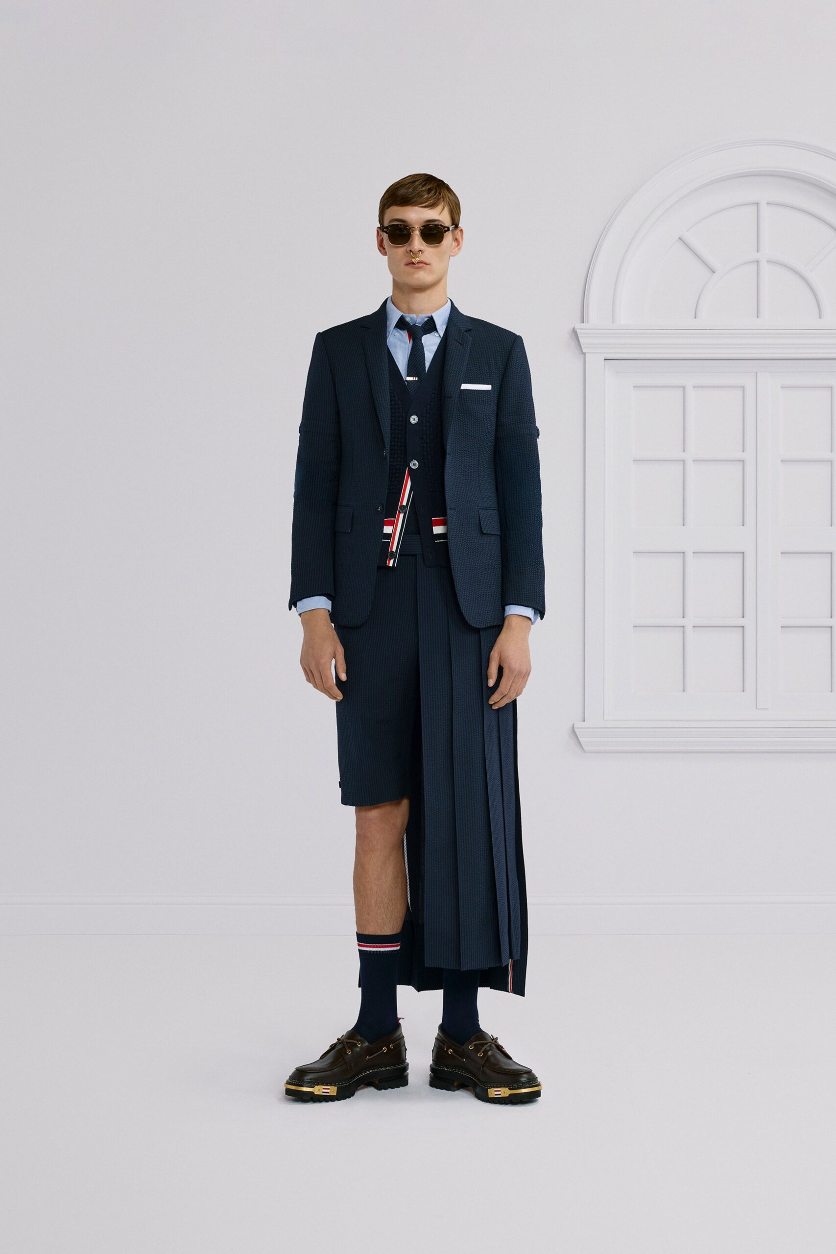 blue tailored suit with shorts