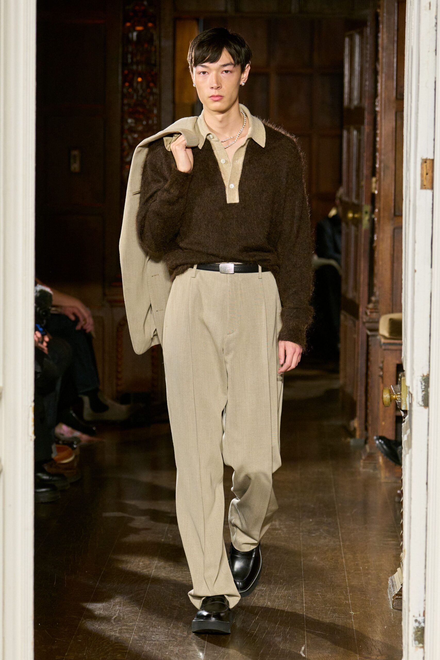 brown wool sweater with beige pants