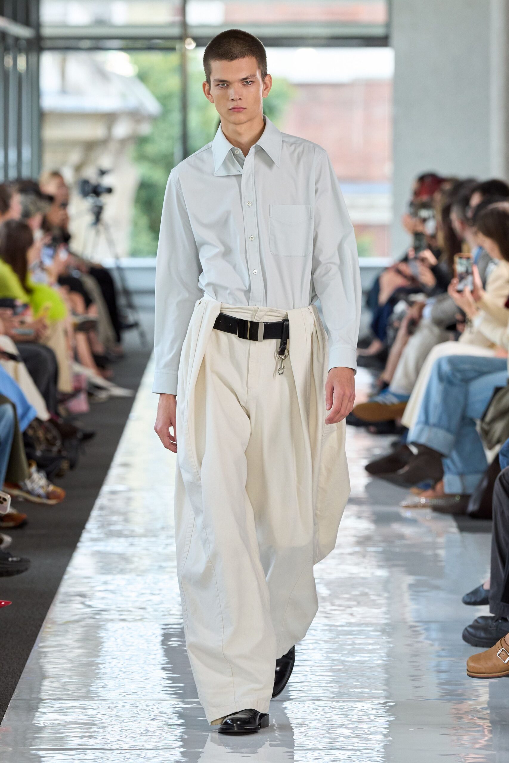 white shirt beige wide-leg pants