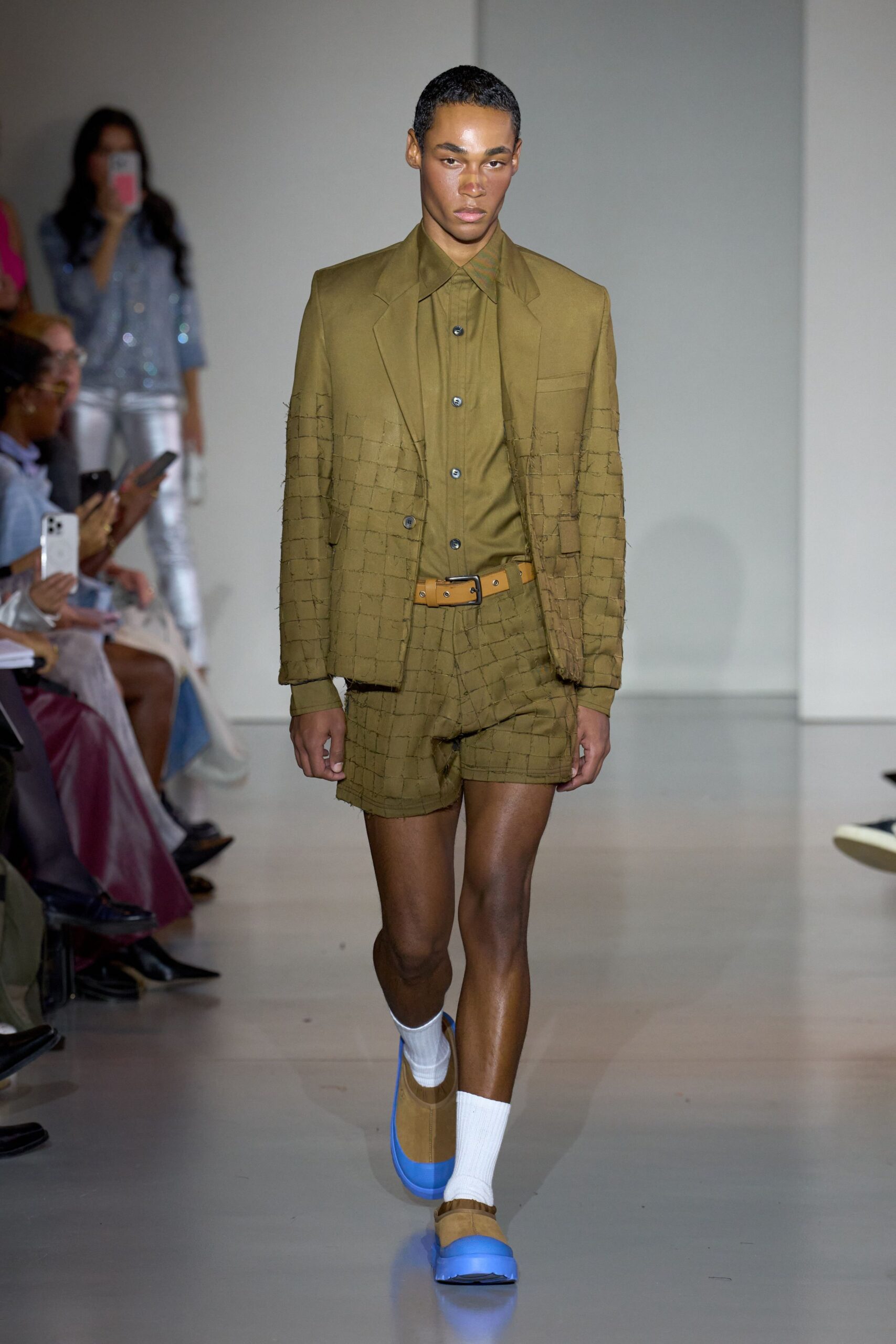 brown checked suit with blue shoes