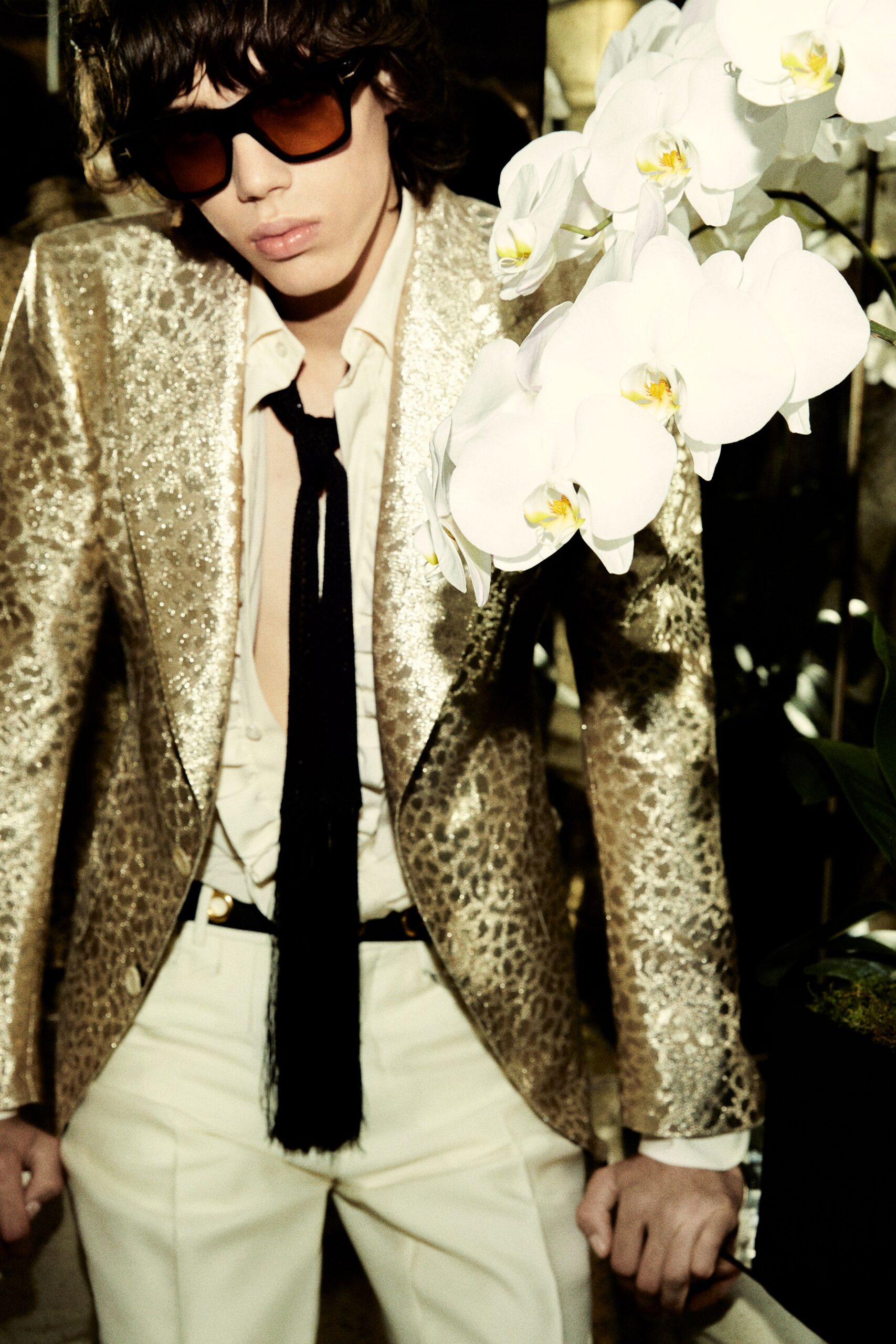 gold sequin long-sleeve collared tailored animal-print embellished blazer