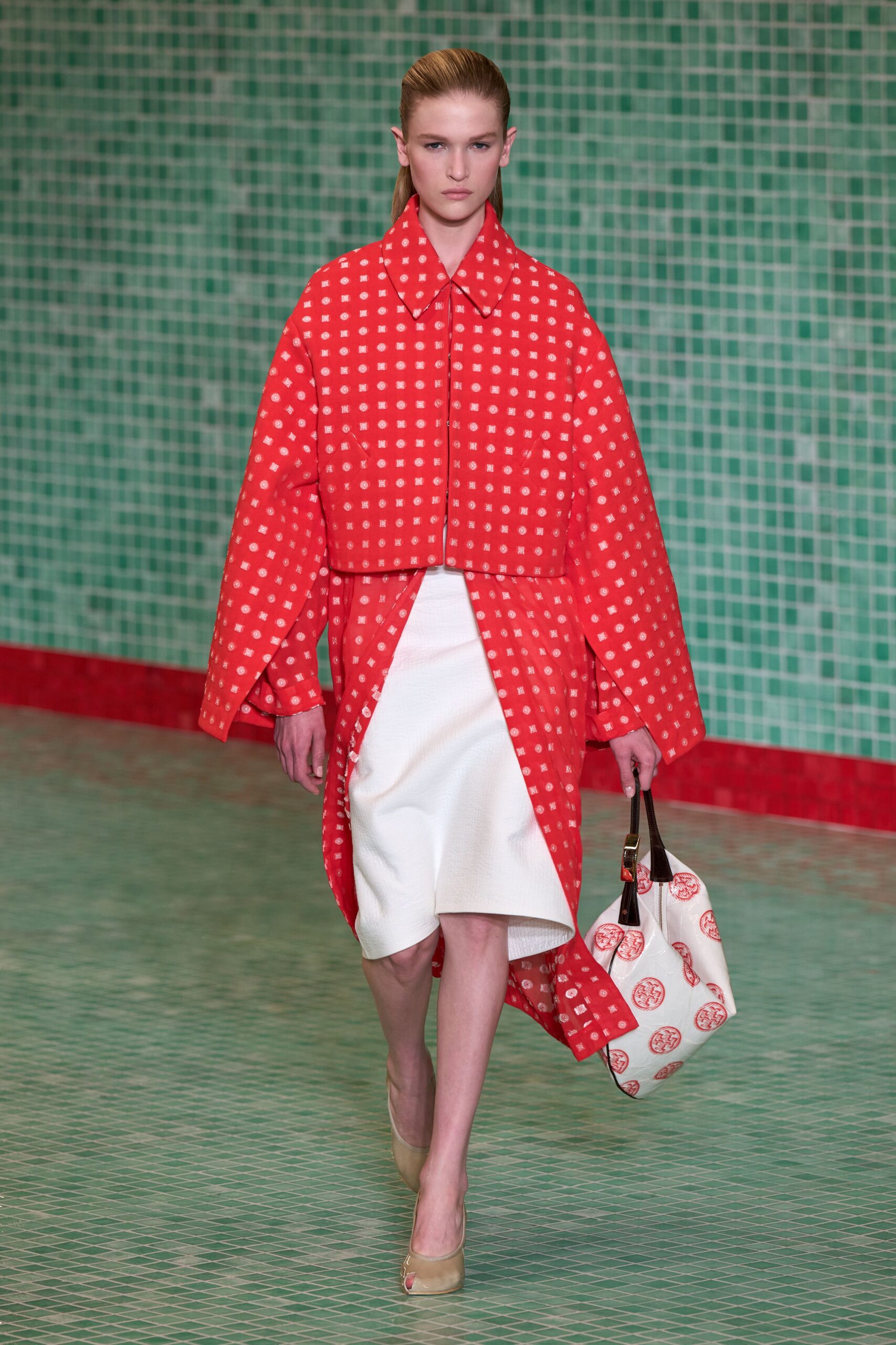 red cotton long-sleeve collared oversized polka-dot jacket