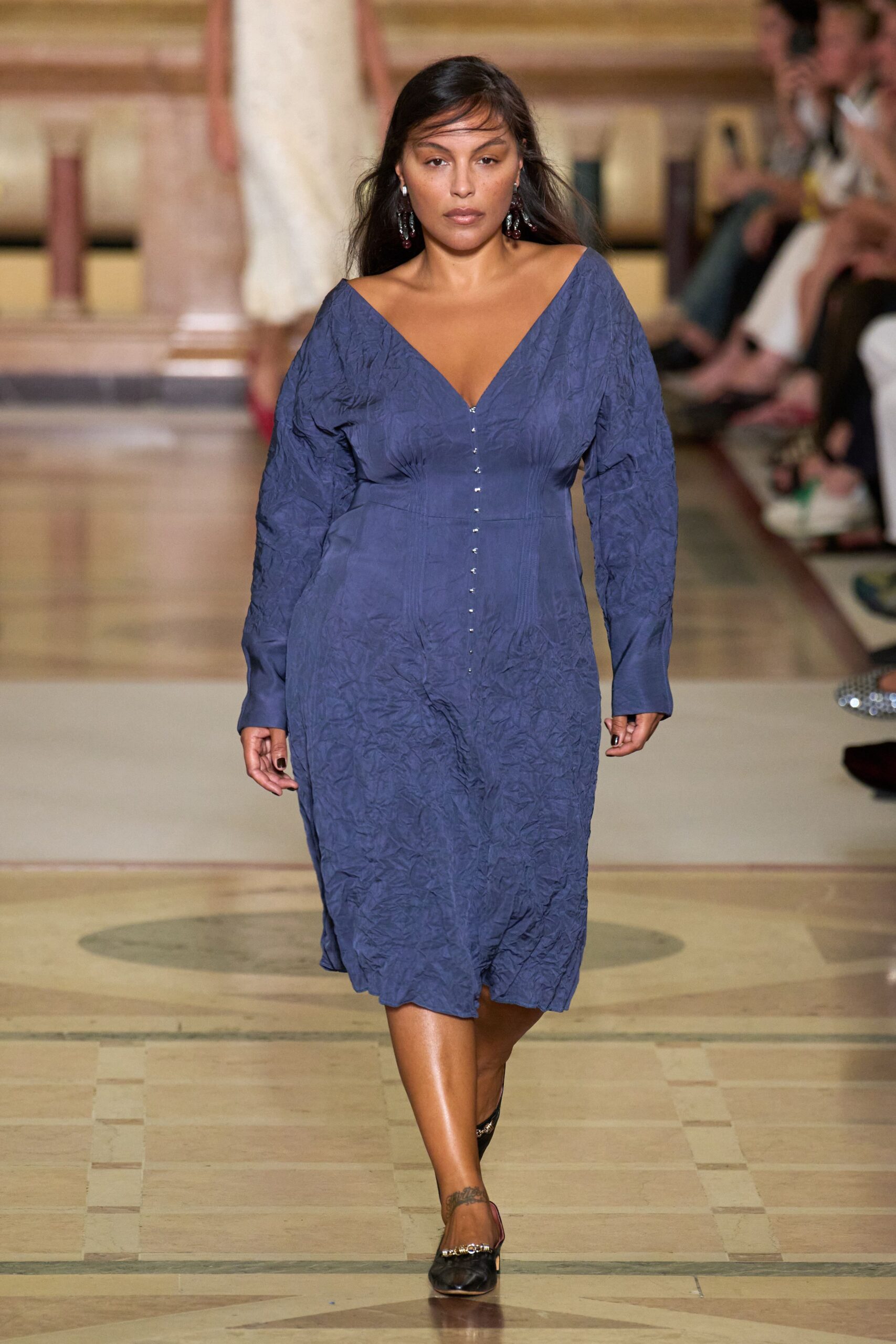 blue embroidered midi dress with black shoes